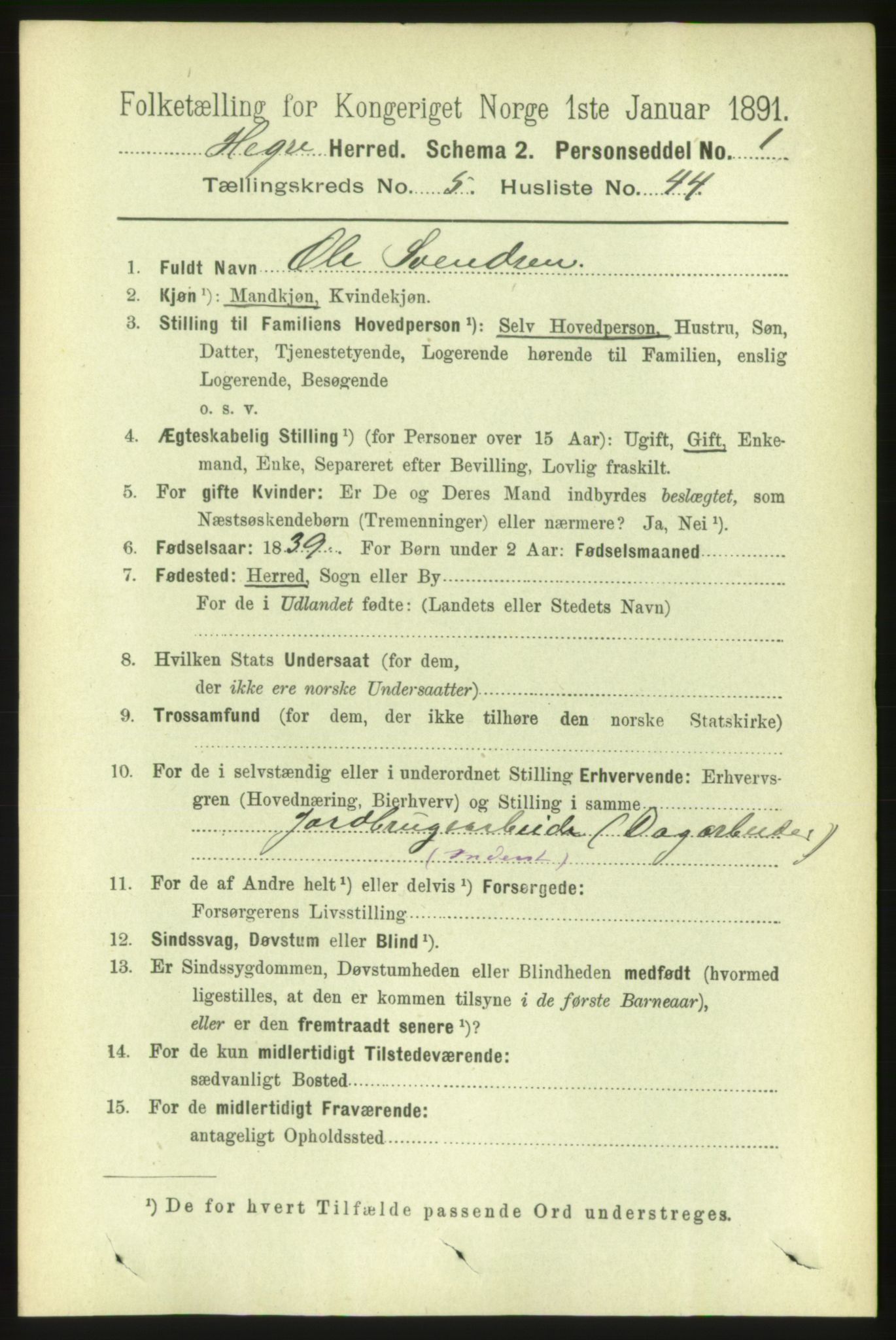 RA, 1891 census for 1712 Hegra, 1891, p. 2261