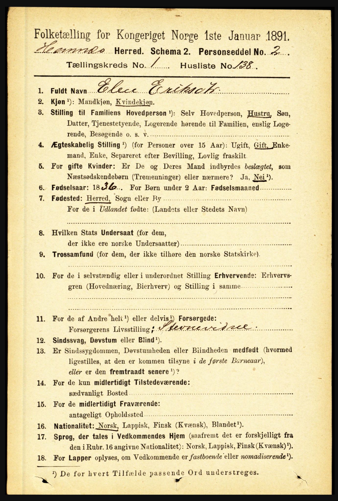 RA, 1891 census for 1832 Hemnes, 1891, p. 1027