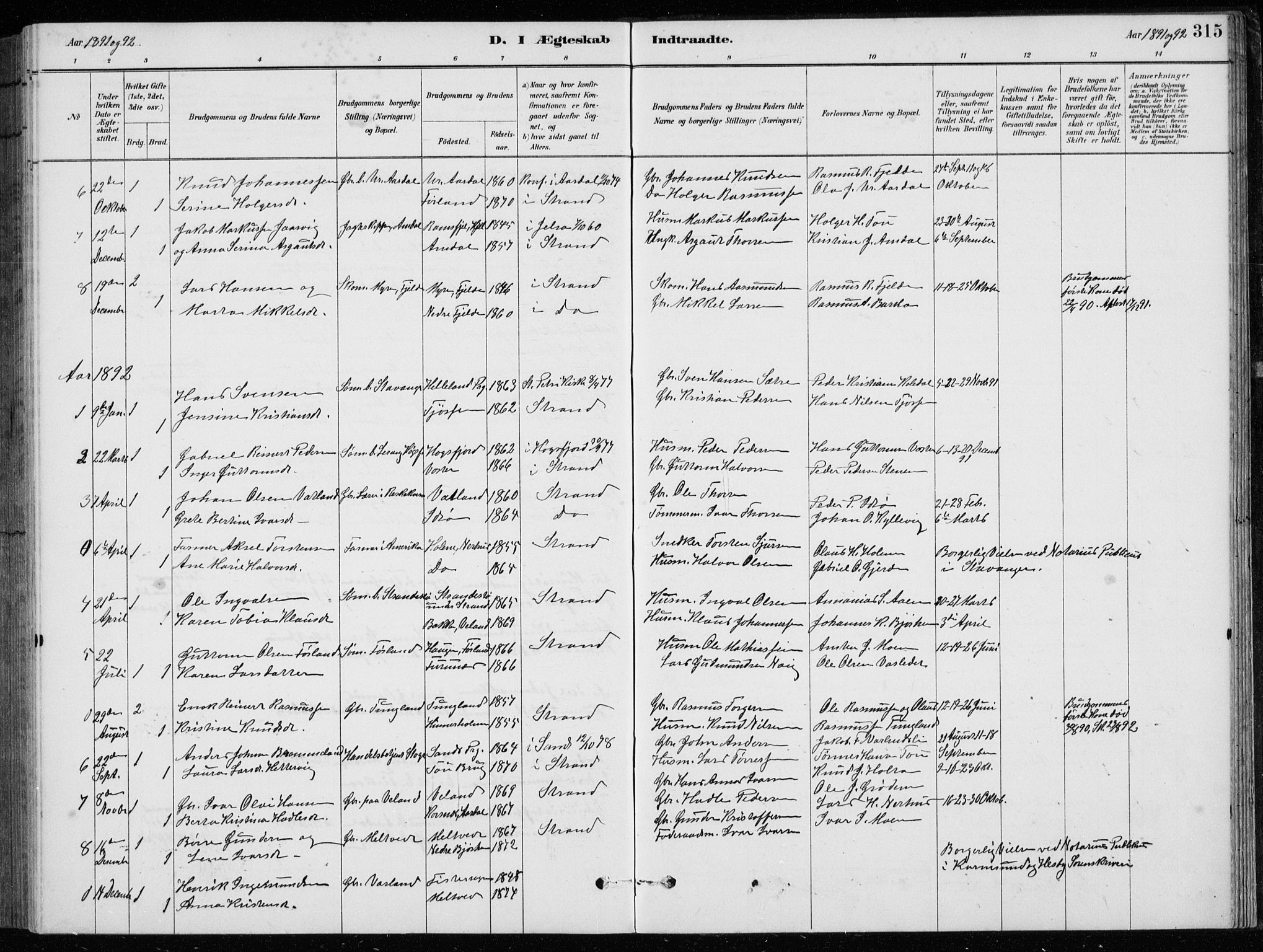 Strand sokneprestkontor, SAST/A-101828/H/Ha/Hab/L0004: Parish register (copy) no. B 4, 1878-1903, p. 315