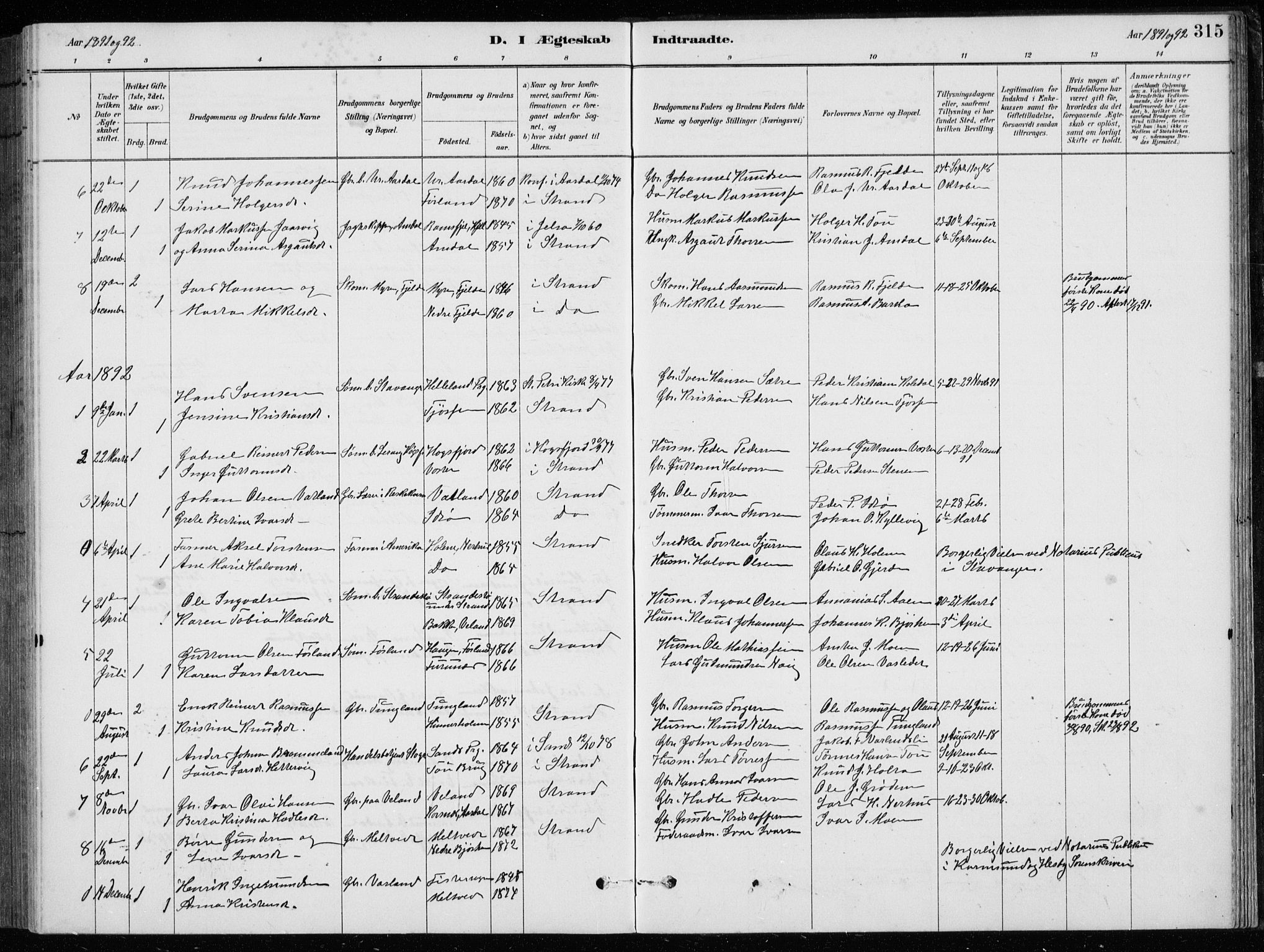 Strand sokneprestkontor, AV/SAST-A-101828/H/Ha/Hab/L0004: Parish register (copy) no. B 4, 1878-1903, p. 315