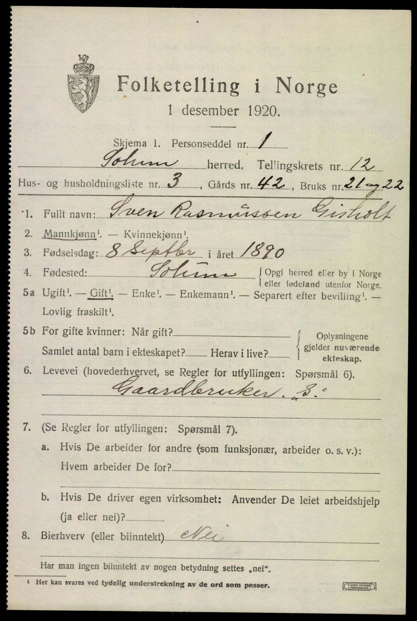 SAKO, 1920 census for Solum, 1920, p. 17046