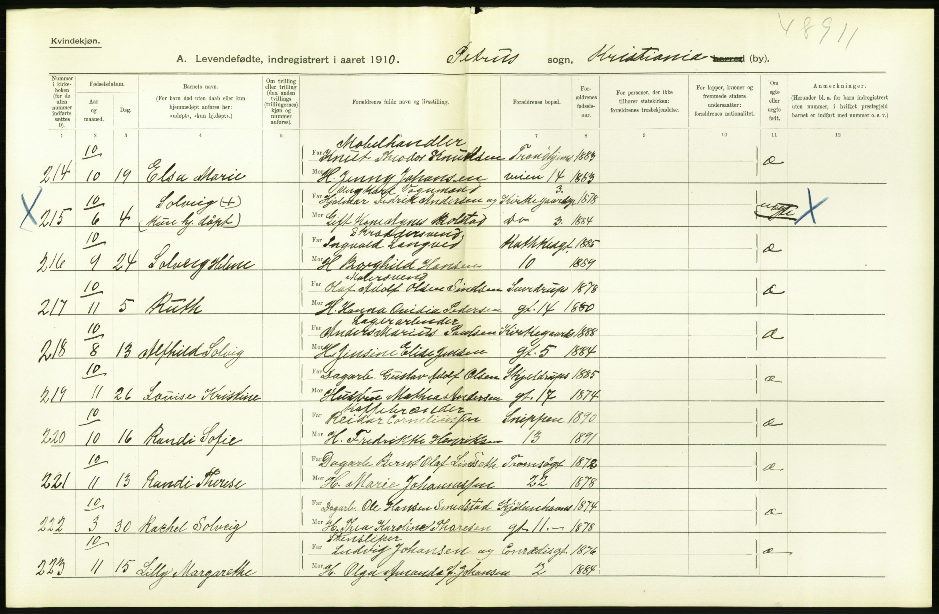 Statistisk sentralbyrå, Sosiodemografiske emner, Befolkning, RA/S-2228/D/Df/Dfa/Dfah/L0007: Kristiania: Levendefødte kvinner., 1910, p. 656