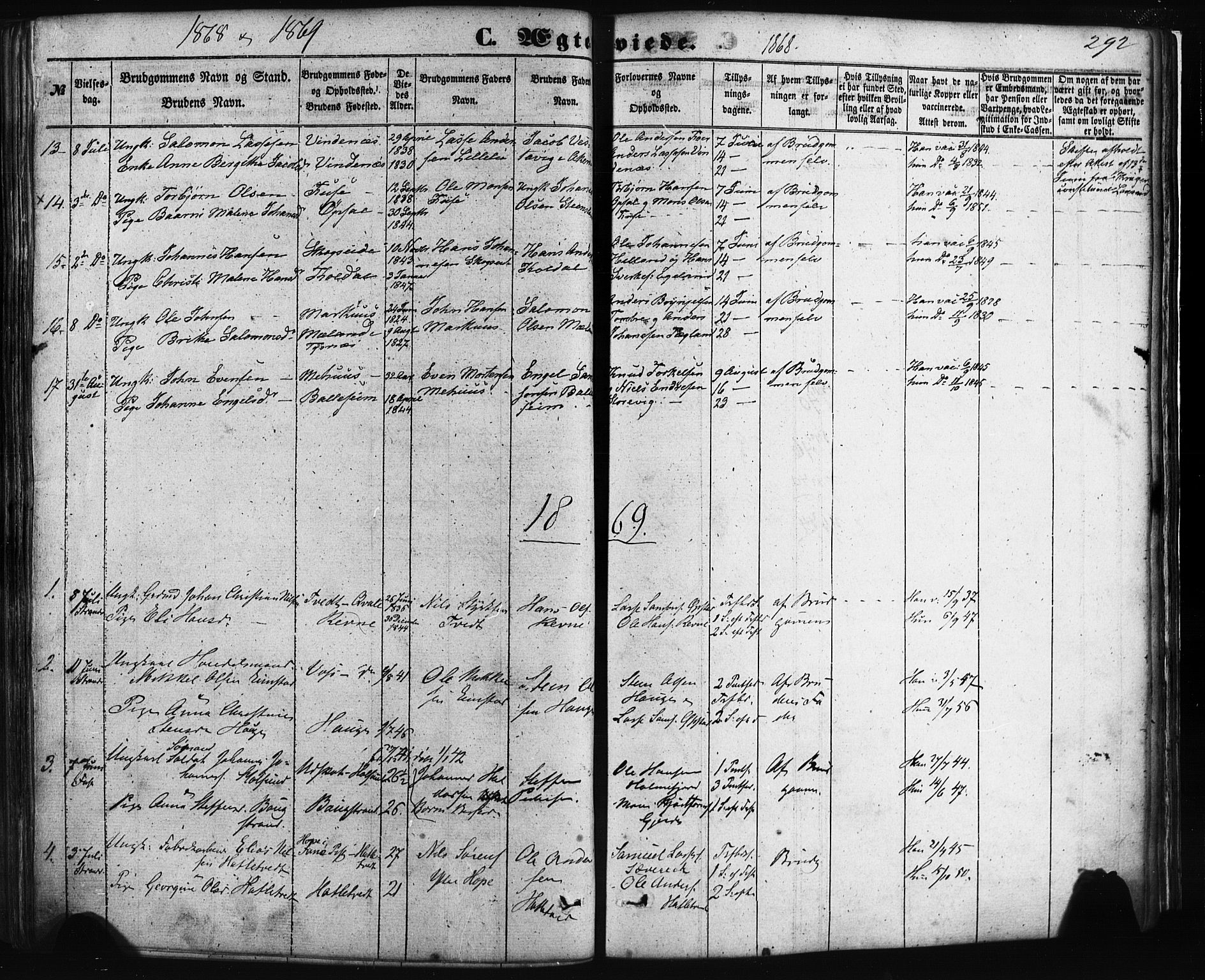 Fusa sokneprestembete, SAB/A-75401/H/Haa: Parish register (official) no. A 1I, 1855-1879, p. 292