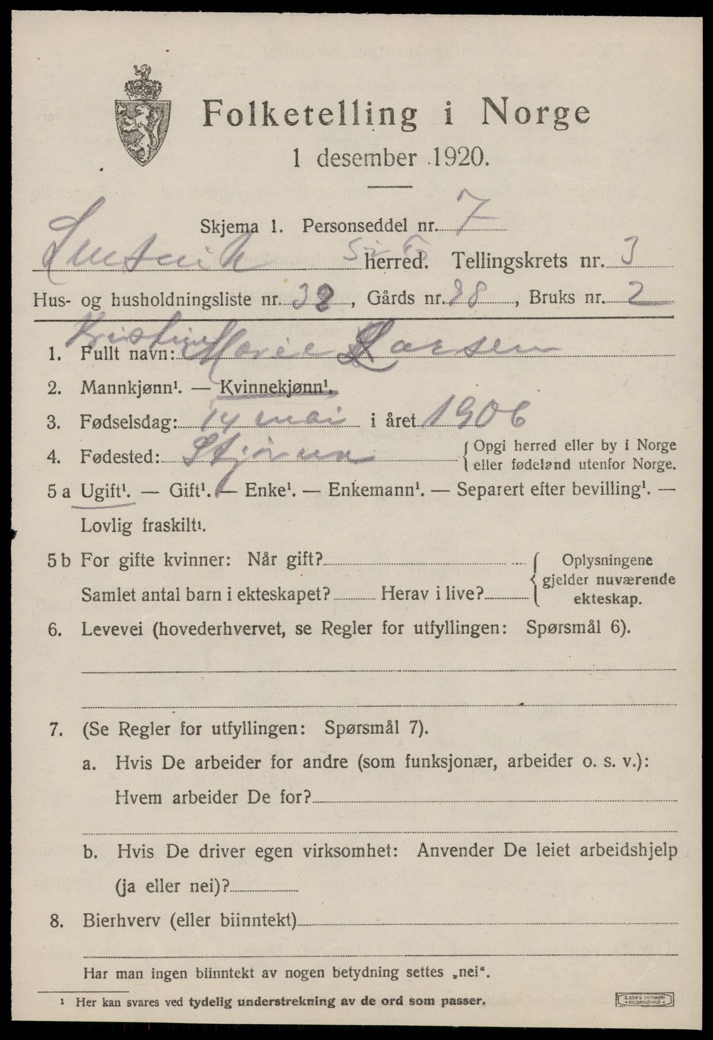 SAT, 1920 census for Lensvik, 1920, p. 2154