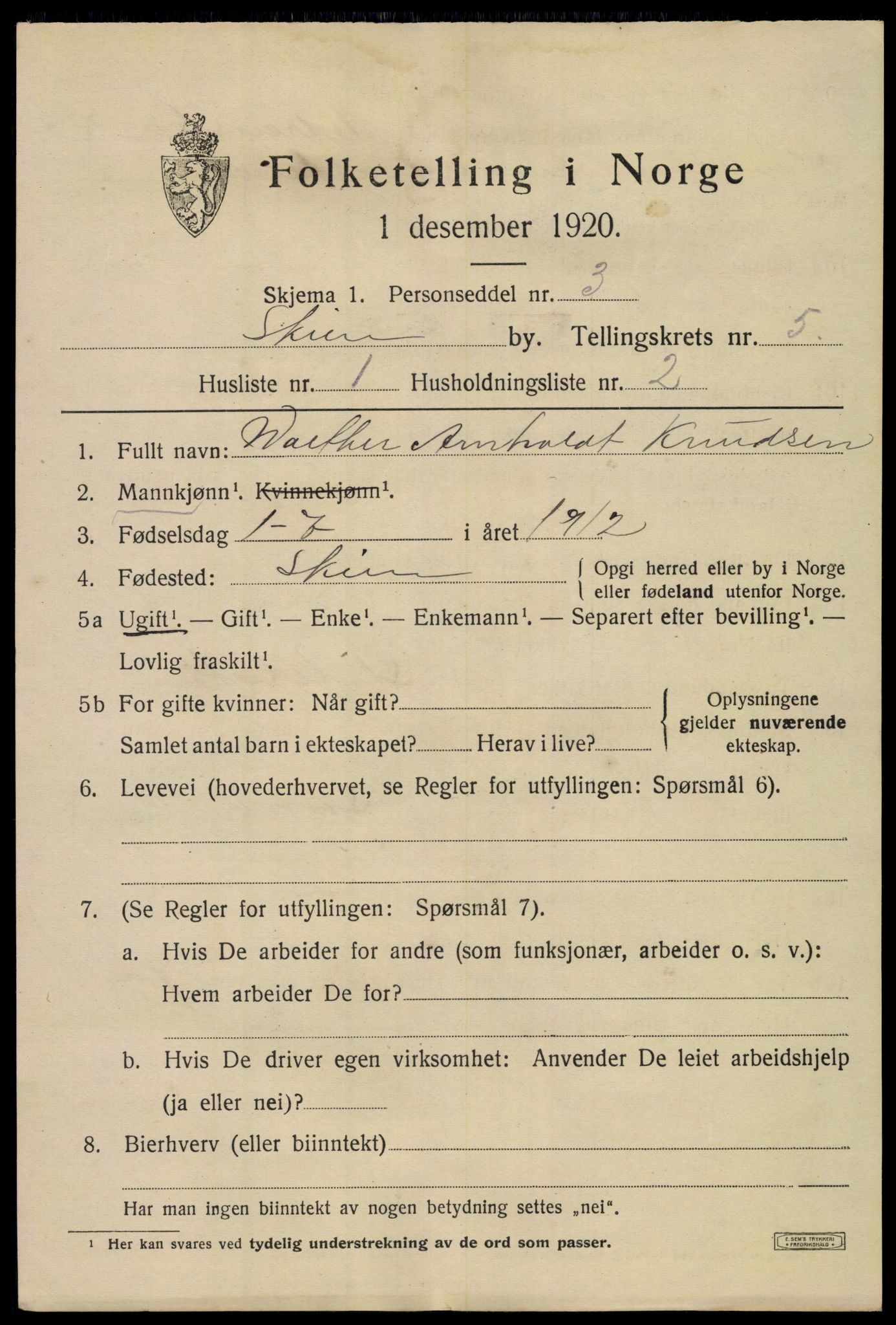 SAKO, 1920 census for Skien, 1920, p. 19496