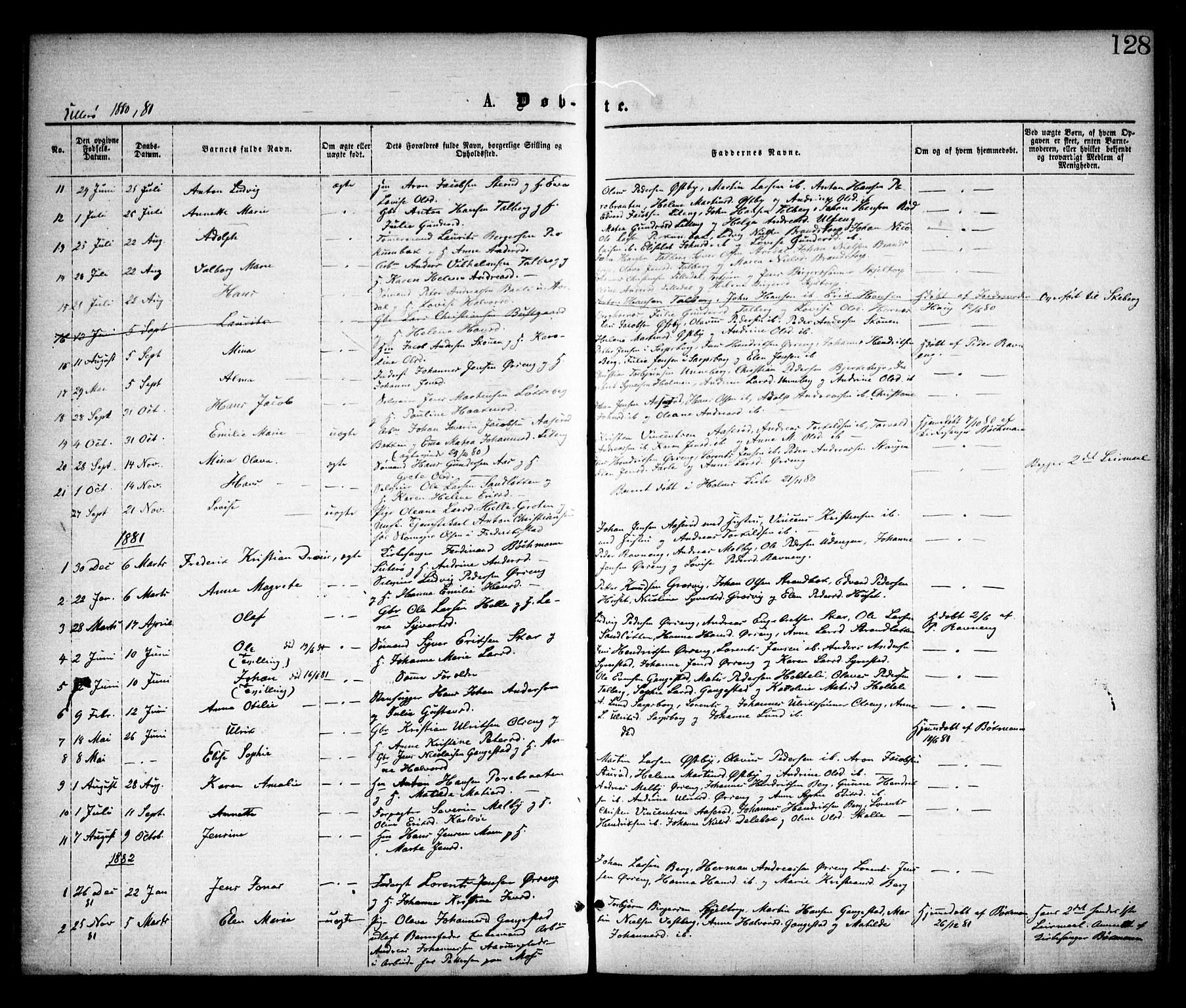 Skjeberg prestekontor Kirkebøker, SAO/A-10923/F/Fa/L0008: Parish register (official) no. I 8, 1869-1885, p. 128