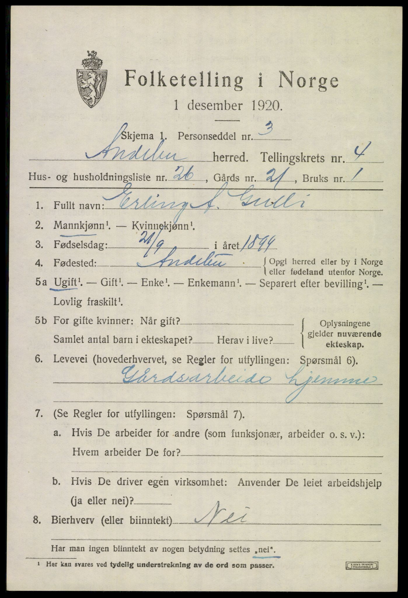 SAKO, 1920 census for Andebu, 1920, p. 2608