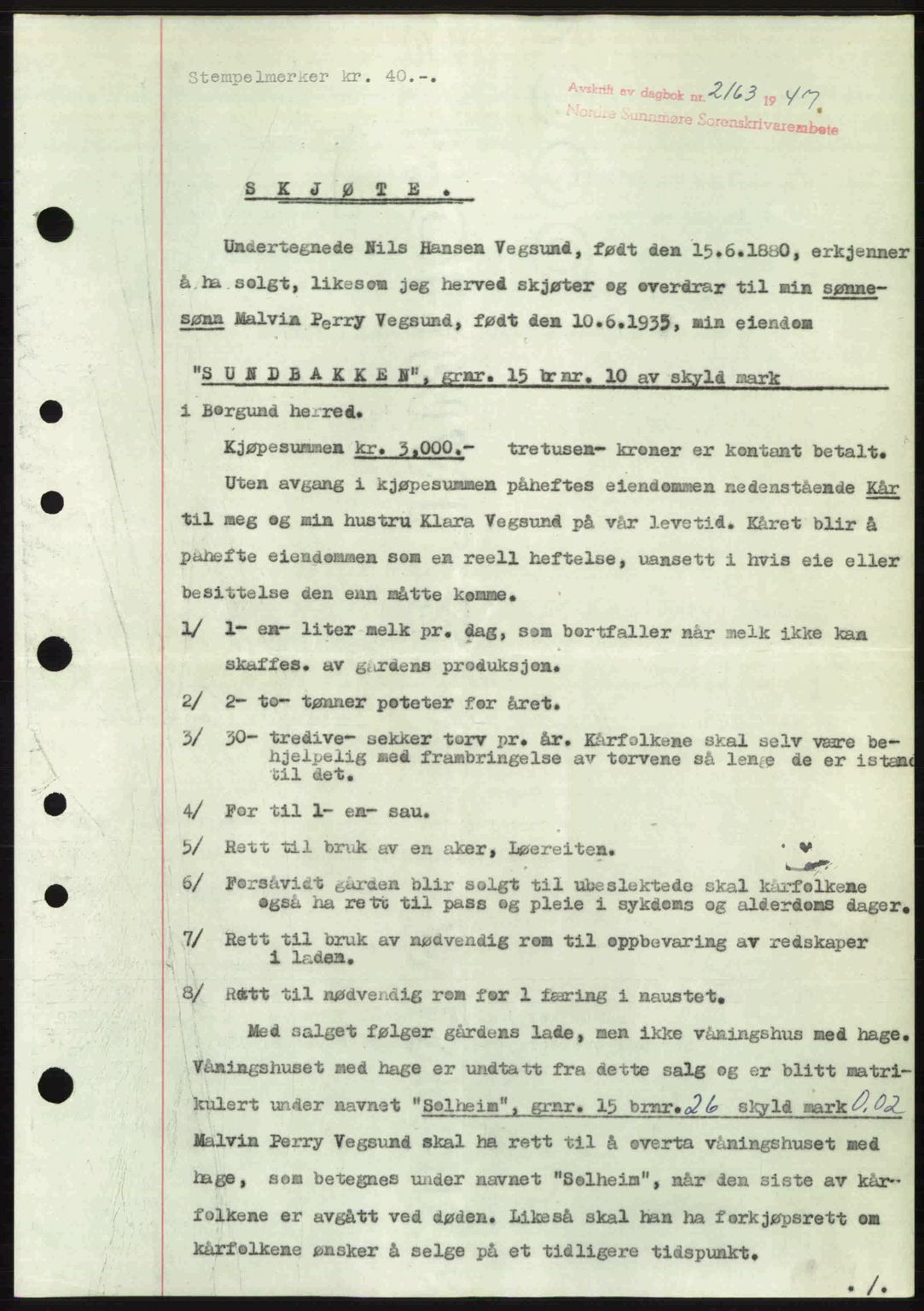 Nordre Sunnmøre sorenskriveri, AV/SAT-A-0006/1/2/2C/2Ca: Mortgage book no. A26, 1947-1948, Diary no: : 2163/1947