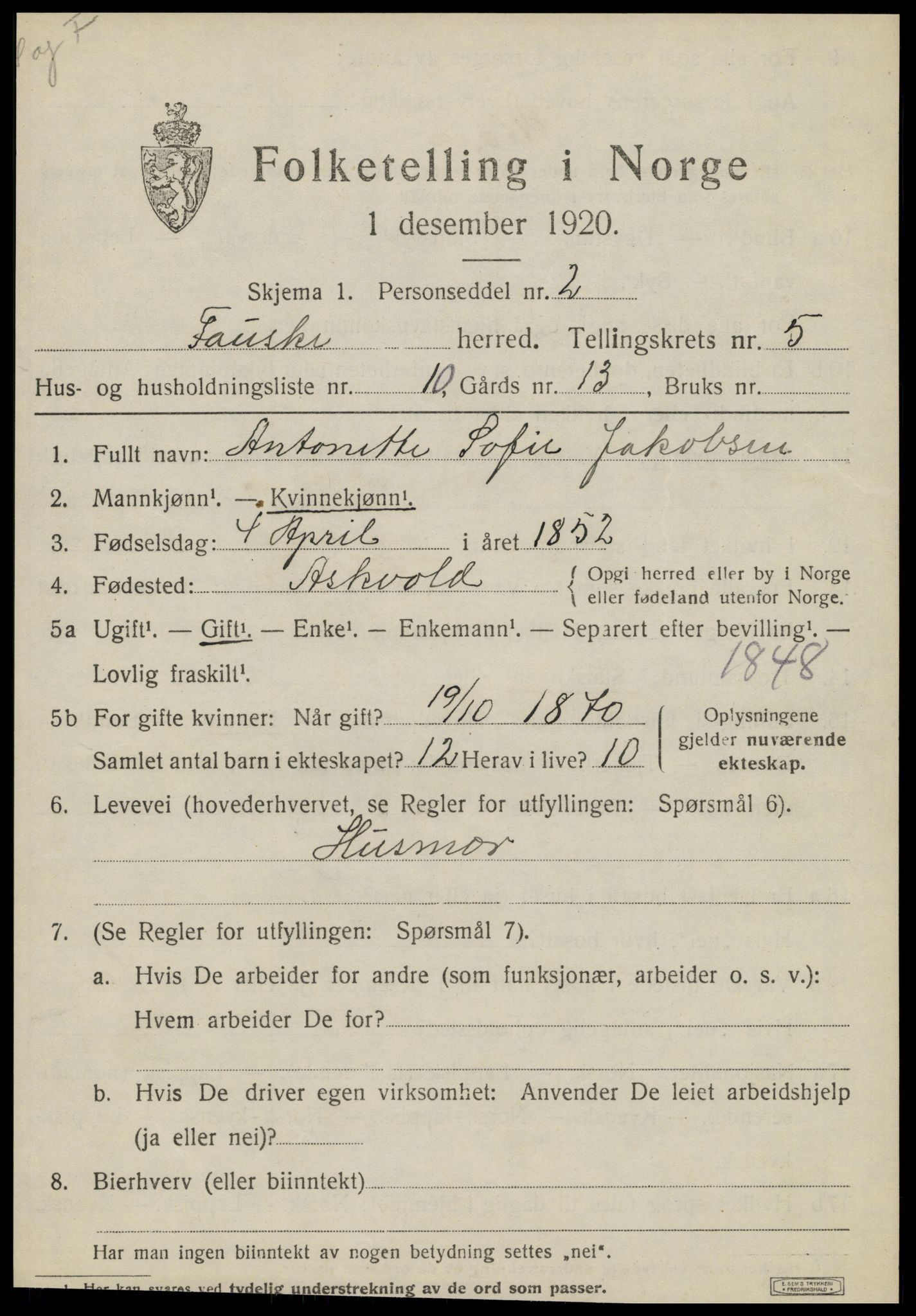 SAT, 1920 census for Fauske, 1920, p. 5344