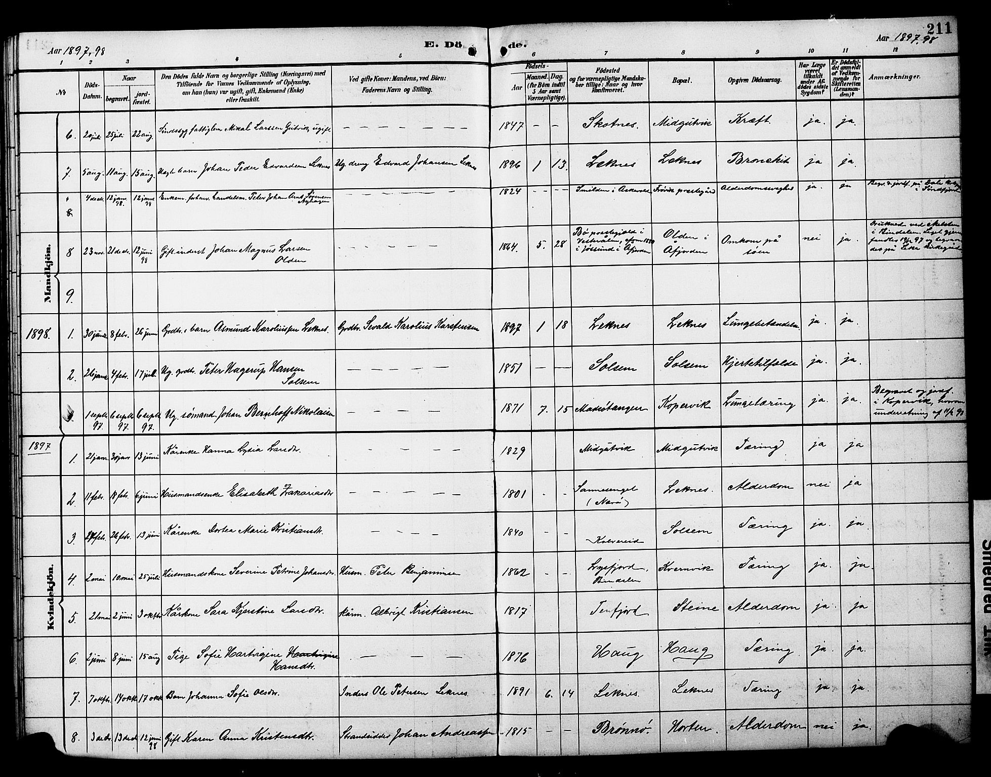 Ministerialprotokoller, klokkerbøker og fødselsregistre - Nord-Trøndelag, SAT/A-1458/788/L0701: Parish register (copy) no. 788C01, 1888-1913, p. 211