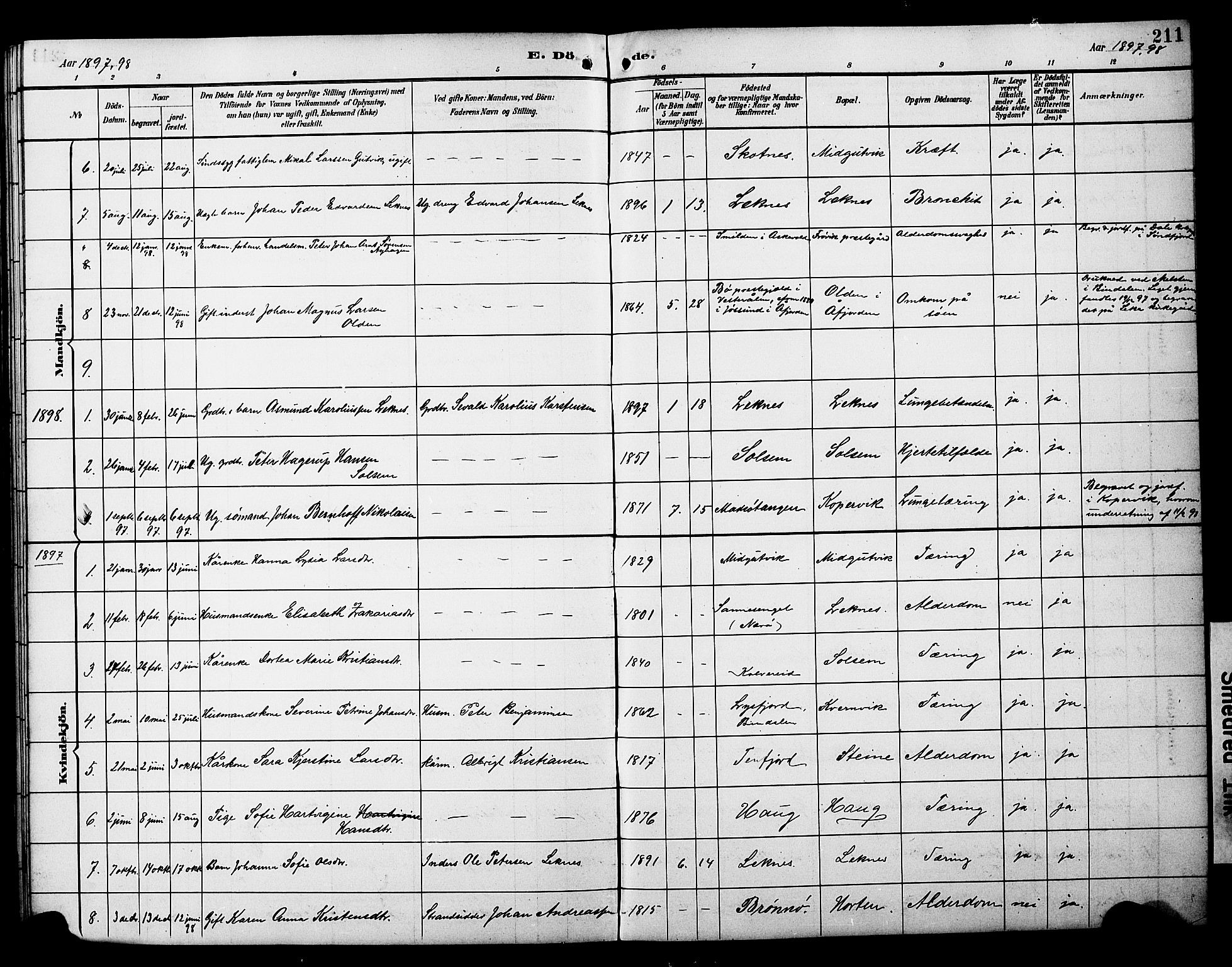 Ministerialprotokoller, klokkerbøker og fødselsregistre - Nord-Trøndelag, AV/SAT-A-1458/788/L0701: Parish register (copy) no. 788C01, 1888-1913, p. 211