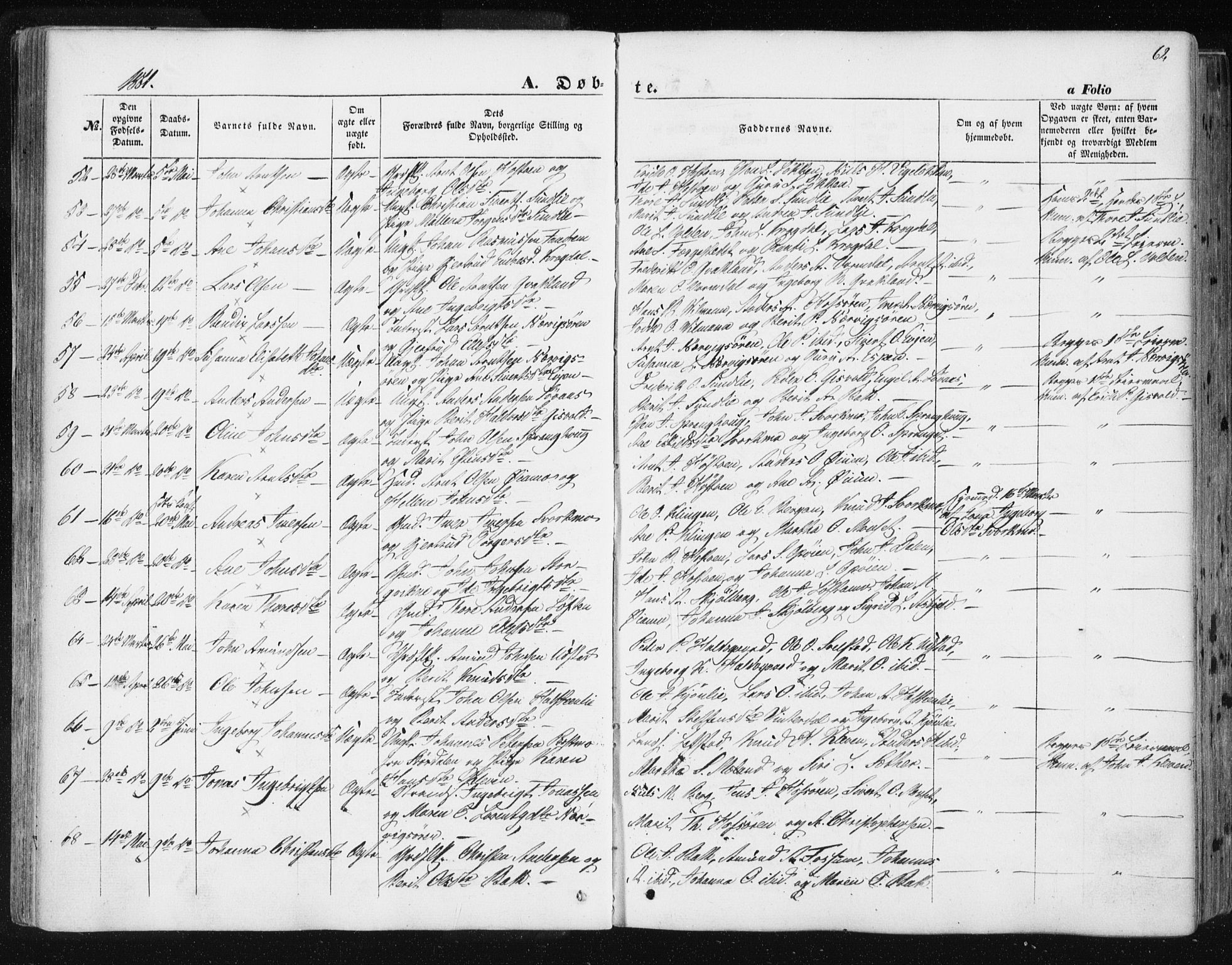 Ministerialprotokoller, klokkerbøker og fødselsregistre - Sør-Trøndelag, SAT/A-1456/668/L0806: Parish register (official) no. 668A06, 1854-1869, p. 62