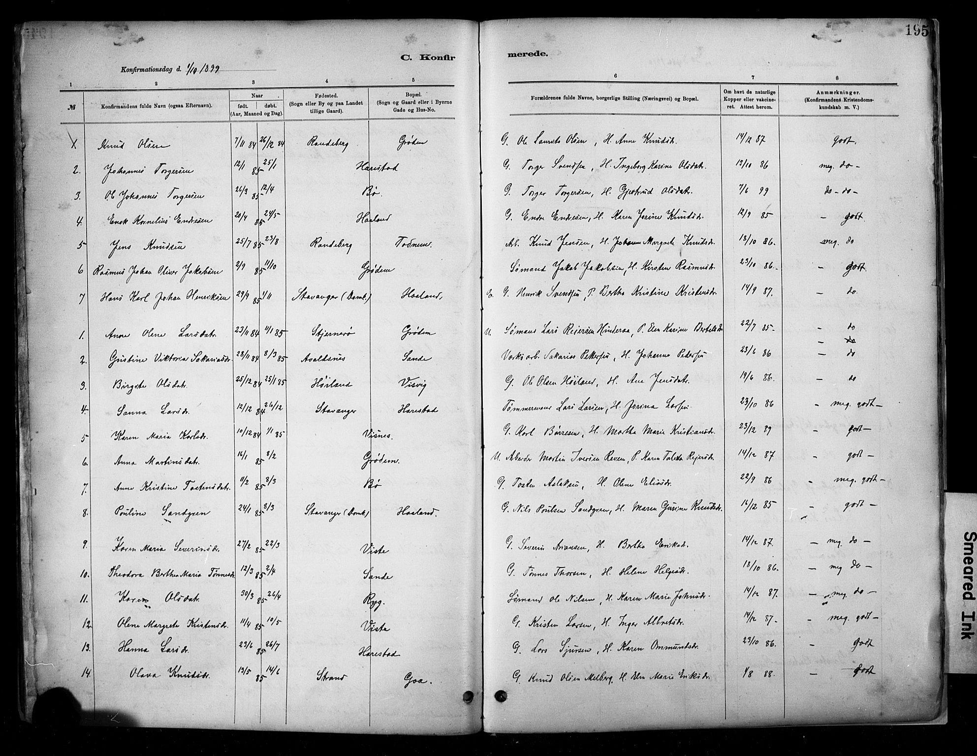Hetland sokneprestkontor, SAST/A-101826/30/30BA/L0009: Parish register (official) no. A 9, 1882-1918, p. 195