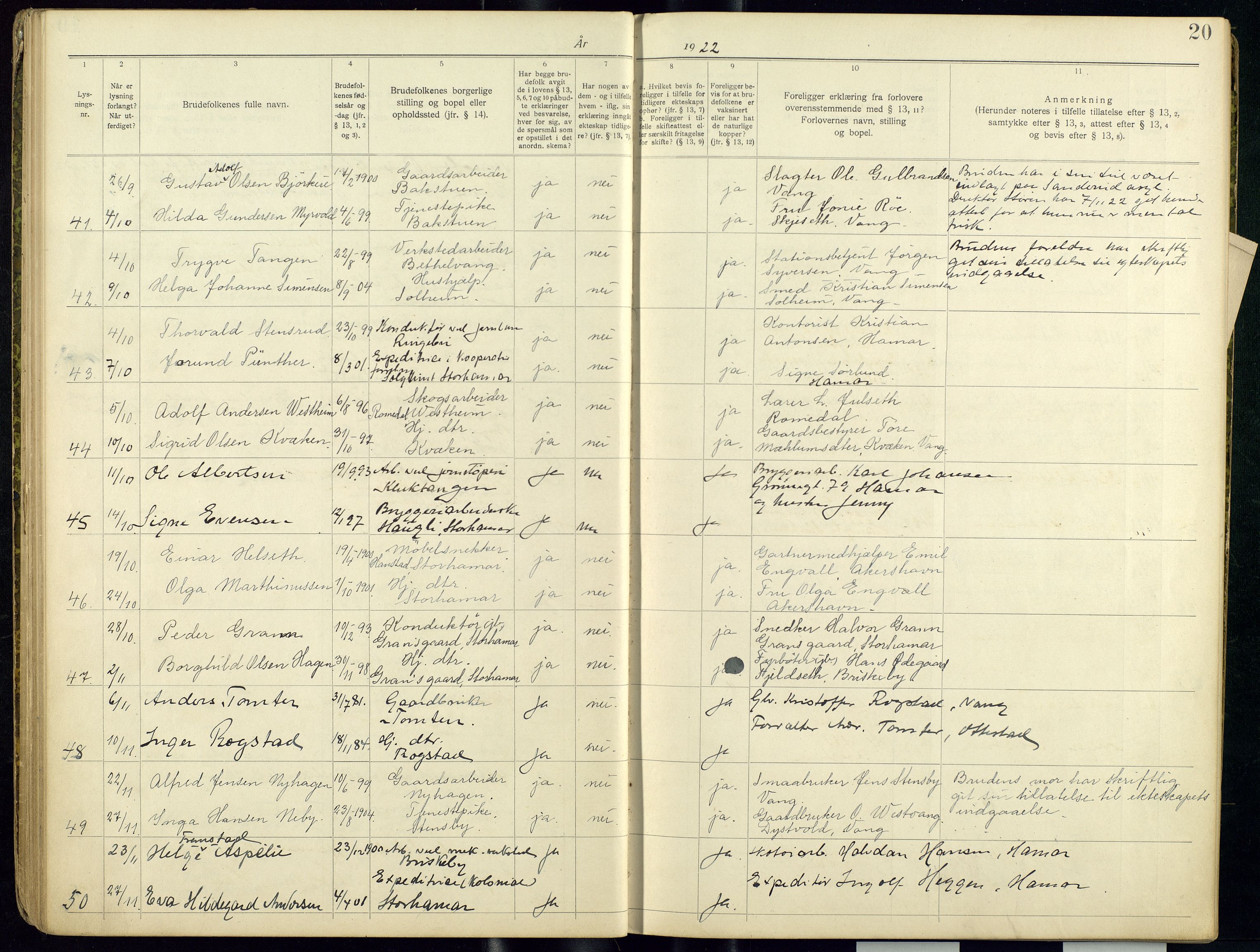 Vang prestekontor, Hedmark, AV/SAH-PREST-008/I/Ie/L0001/0001: Banns register no. 1, 1919-1938, p. 20