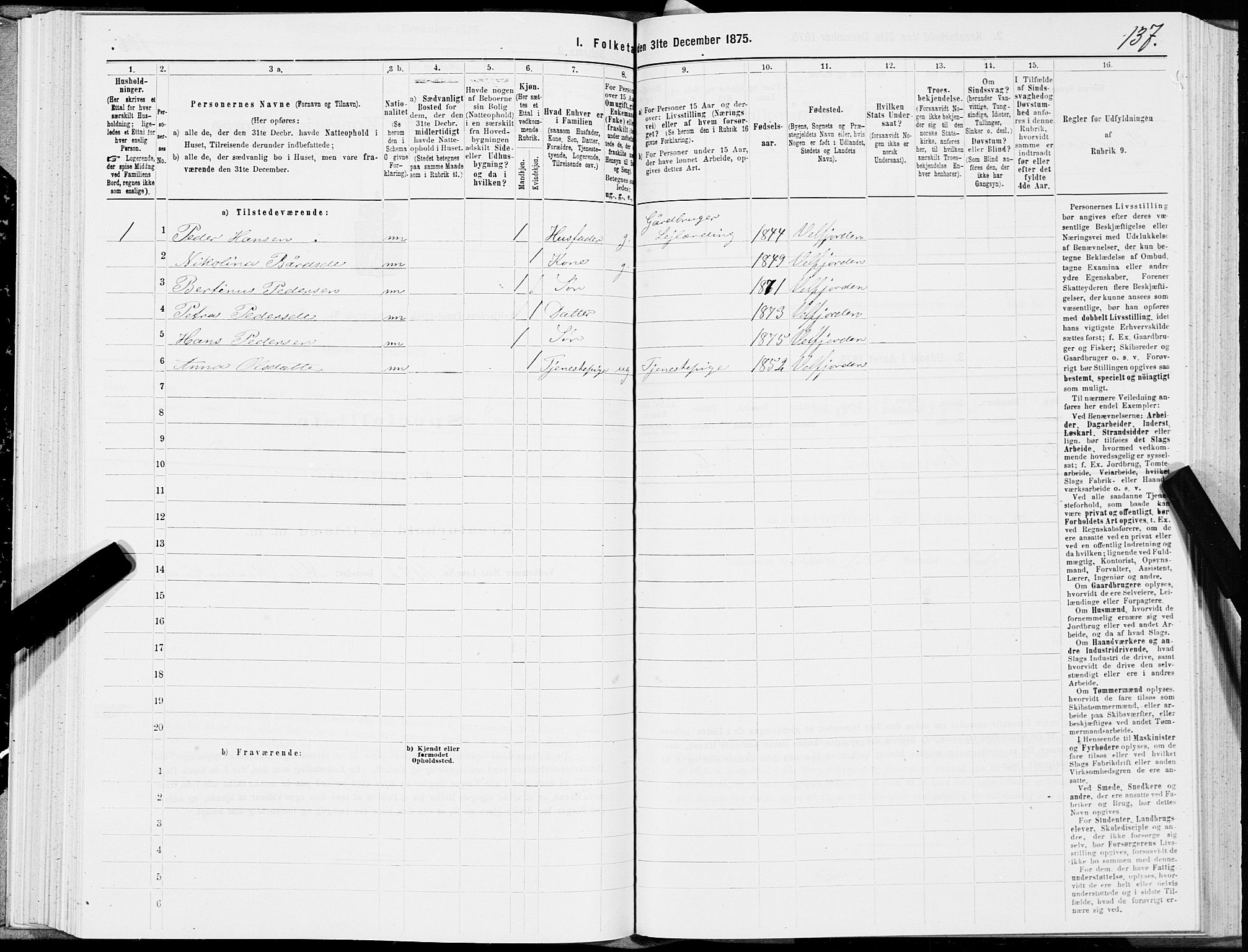 SAT, 1875 census for 1813P Velfjord, 1875, p. 1137