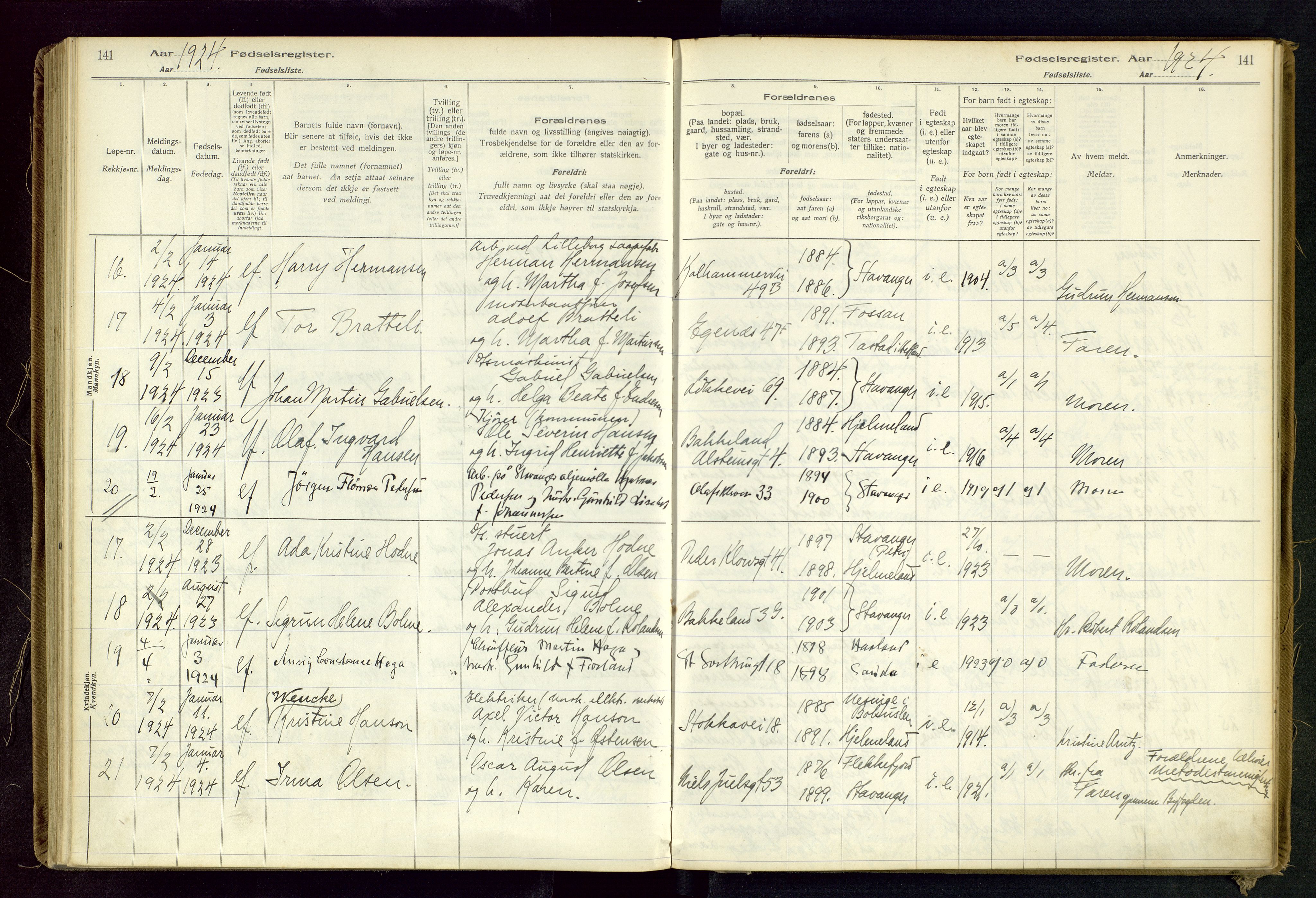 Domkirken sokneprestkontor, AV/SAST-A-101812/002/B/L0002: Birth register no. 2, 1920-1925, p. 141