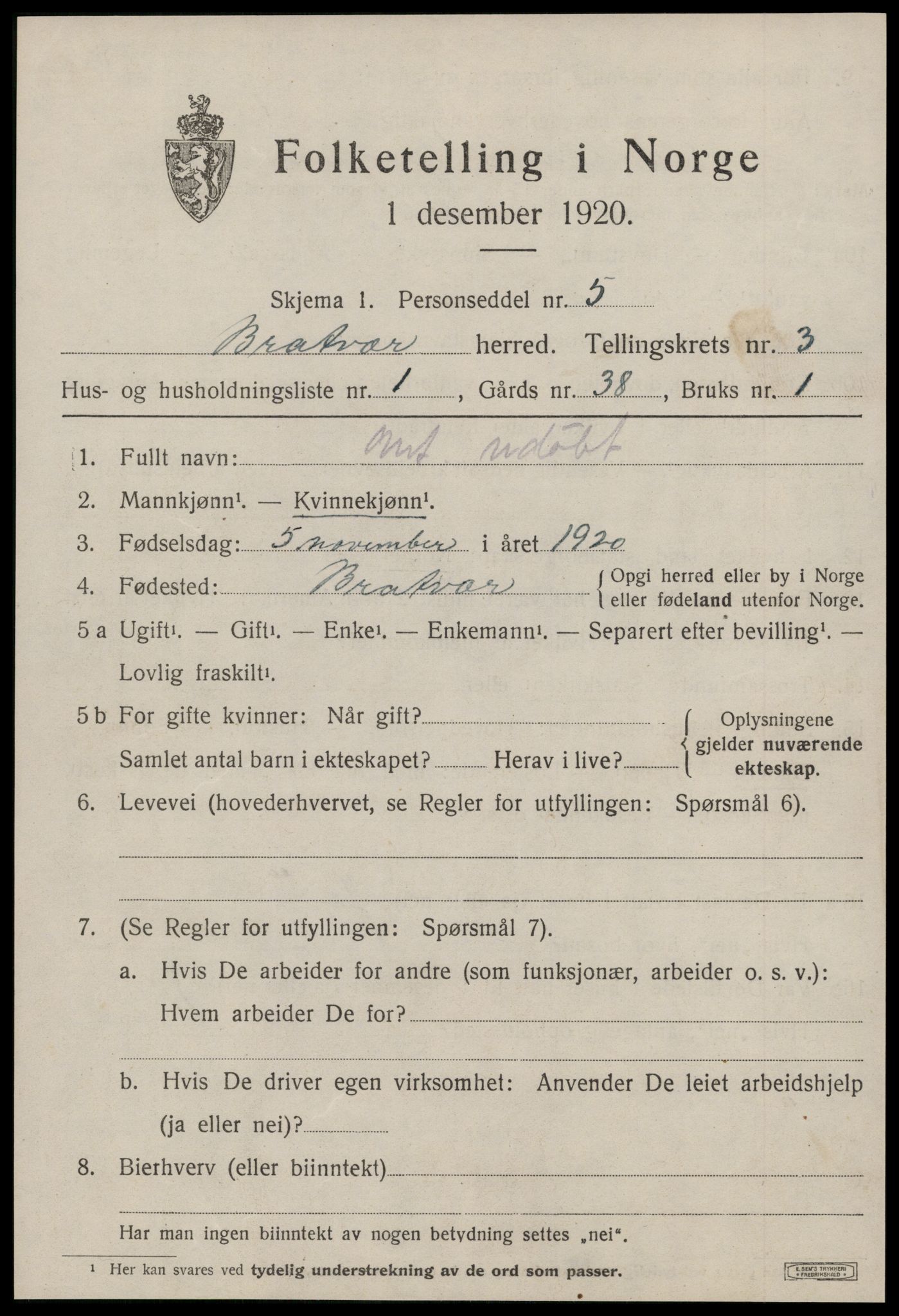 SAT, 1920 census for Brattvær, 1920, p. 1168