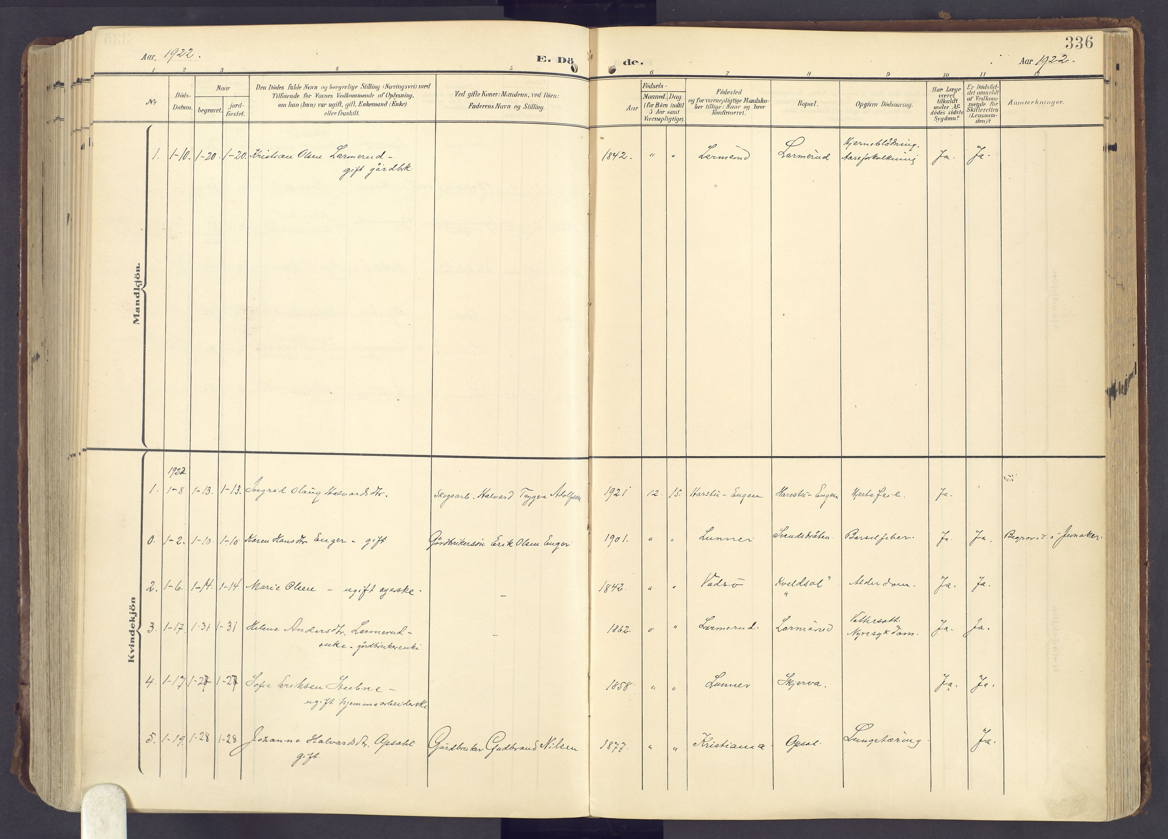 Lunner prestekontor, SAH/PREST-118/H/Ha/Haa/L0001: Parish register (official) no. 1, 1907-1922, p. 336