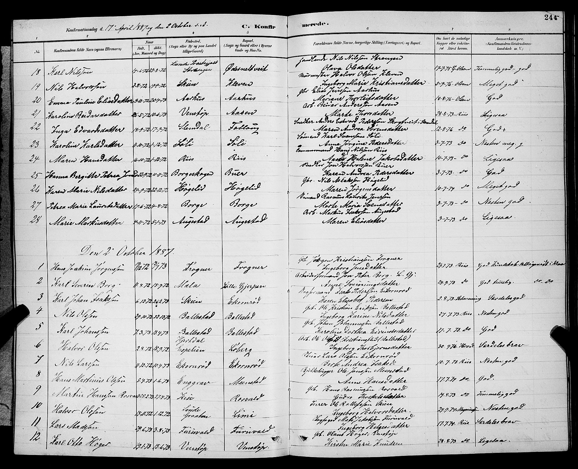 Gjerpen kirkebøker, AV/SAKO-A-265/G/Ga/L0002: Parish register (copy) no. I 2, 1883-1900, p. 244