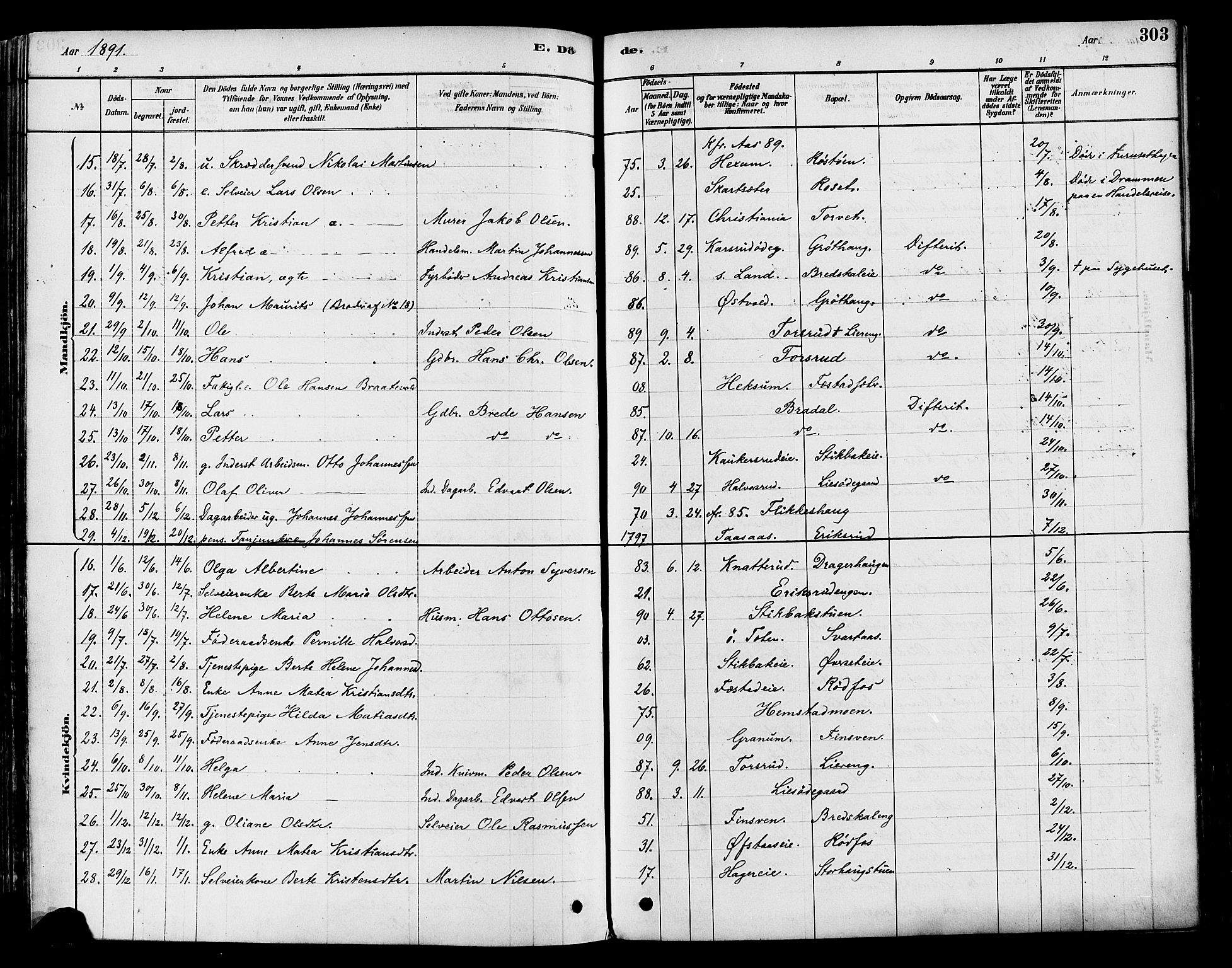 Vestre Toten prestekontor, SAH/PREST-108/H/Ha/Haa/L0009: Parish register (official) no. 9, 1878-1894, p. 303
