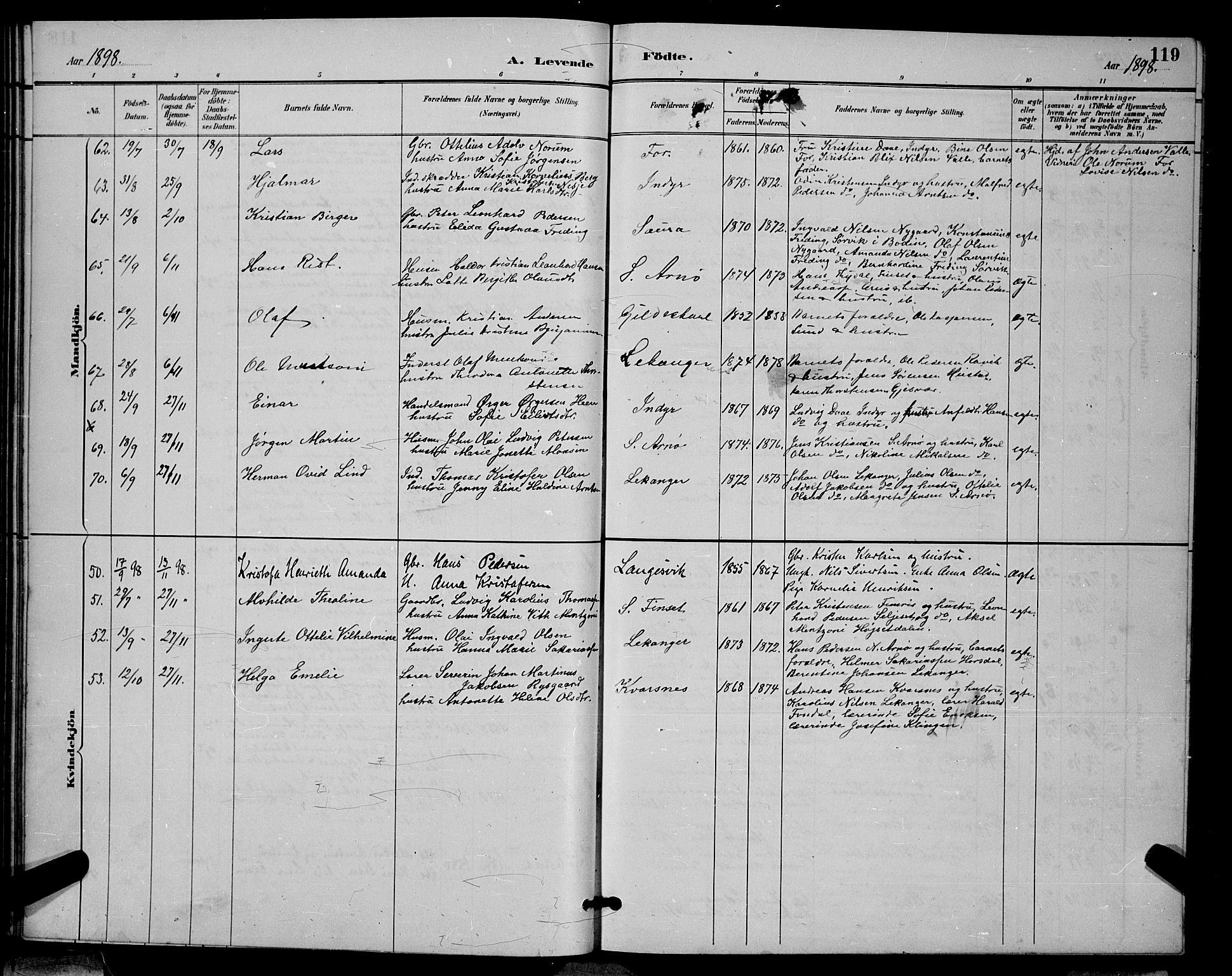 Ministerialprotokoller, klokkerbøker og fødselsregistre - Nordland, AV/SAT-A-1459/805/L0108: Parish register (copy) no. 805C04, 1885-1899, p. 119