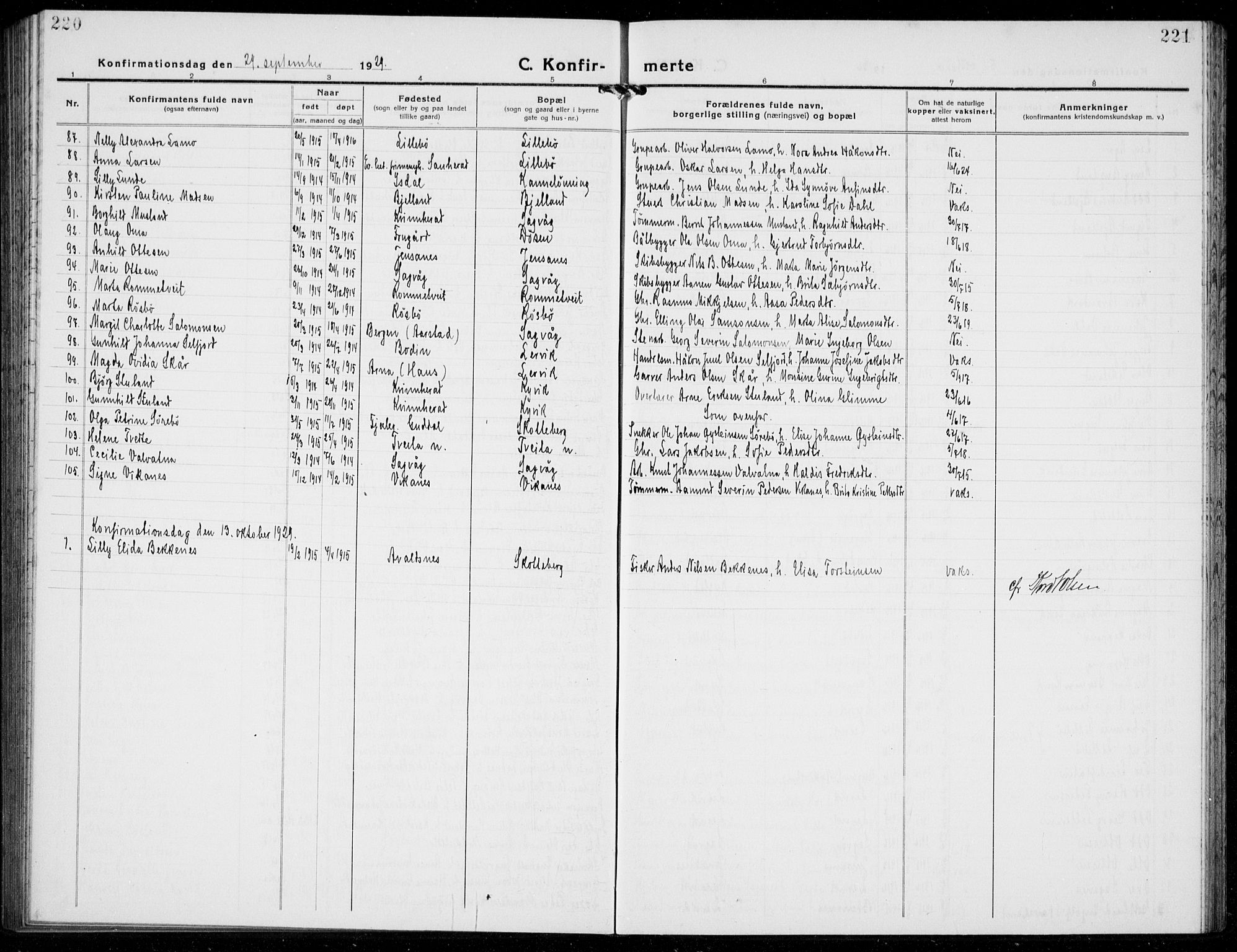 Stord sokneprestembete, SAB/A-78201/H/Hab: Parish register (copy) no. A 4, 1919-1933, p. 220-221
