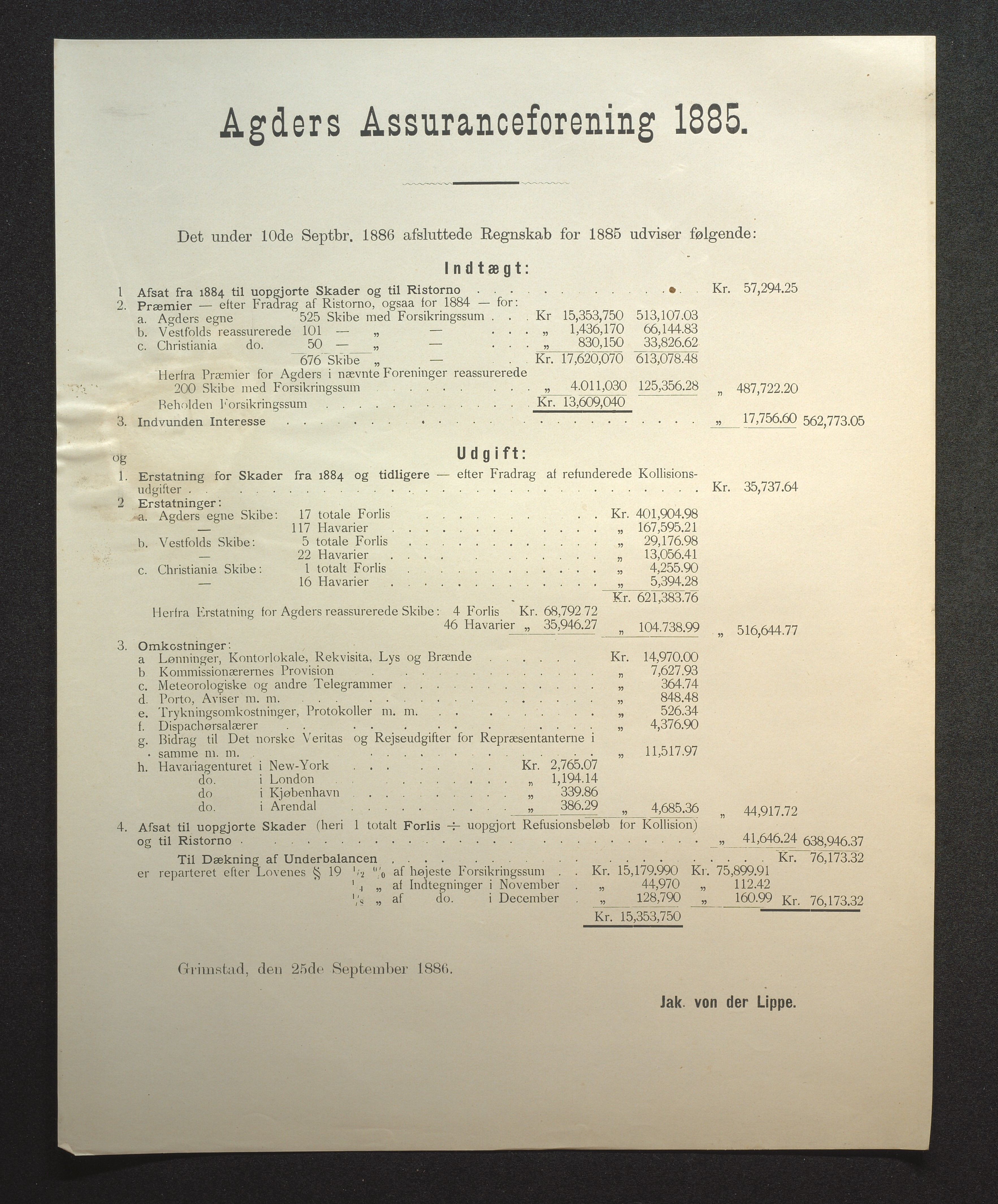 Agders Gjensidige Assuranceforening, AAKS/PA-1718/05/L0002: Regnskap, seilavdeling, pakkesak, 1881-1889