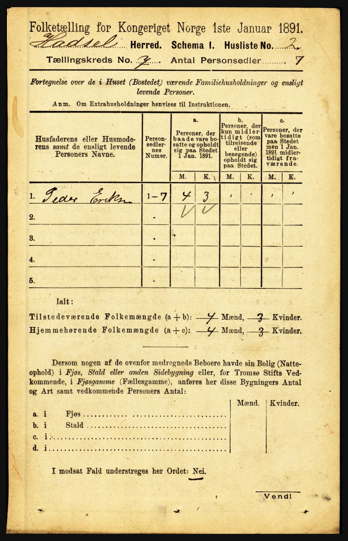 RA, 1891 census for 1866 Hadsel, 1891, p. 3062