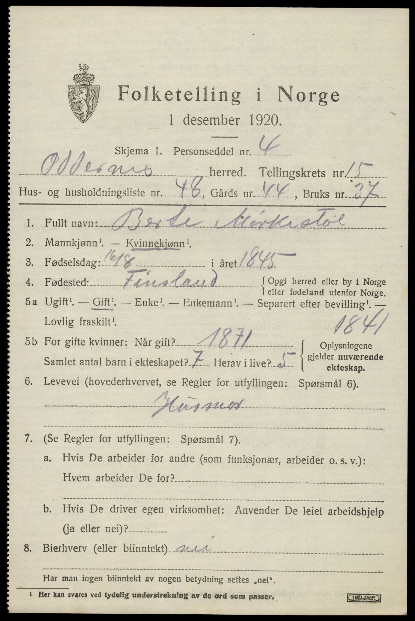 SAK, 1920 census for Oddernes, 1920, p. 10573