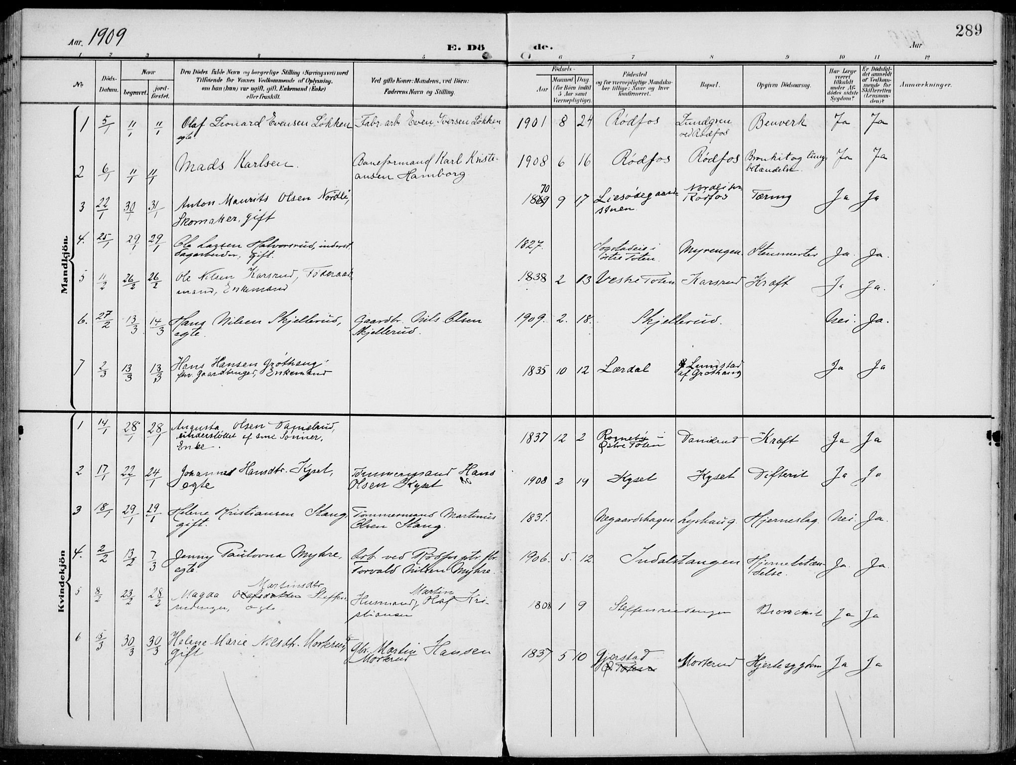 Vestre Toten prestekontor, SAH/PREST-108/H/Ha/Haa/L0014: Parish register (official) no. 14, 1907-1920, p. 289