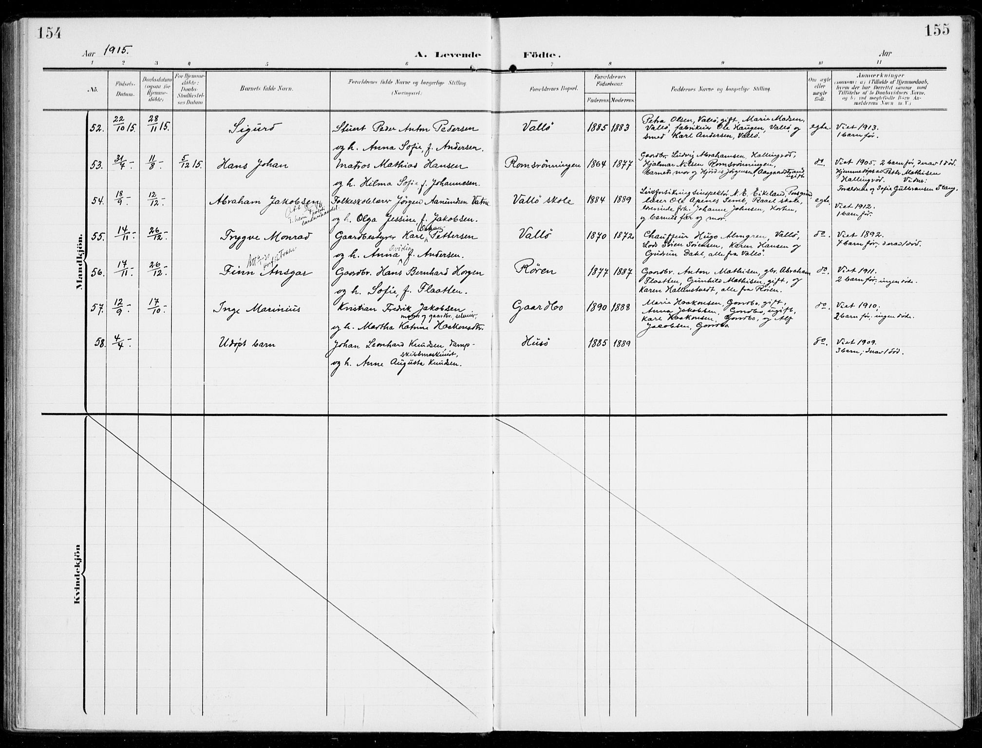 Sem kirkebøker, SAKO/A-5/F/Fb/L0006: Parish register (official) no. II 6, 1905-1918, p. 154-155