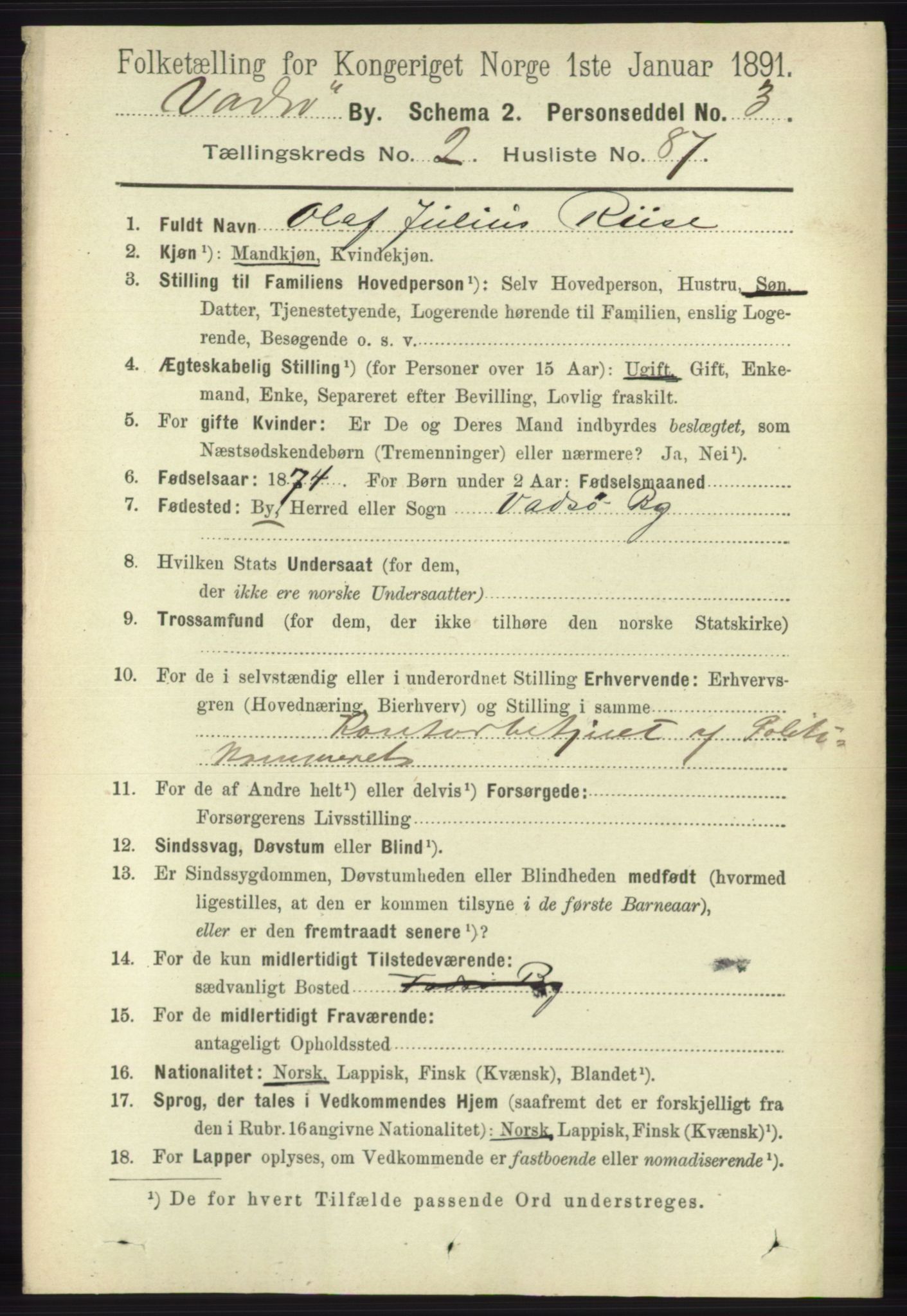 RA, 1891 census for 2003 Vadsø, 1891, p. 1529