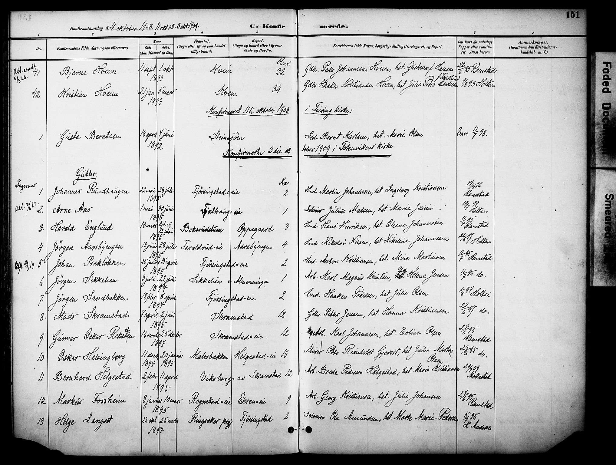 Østre Toten prestekontor, AV/SAH-PREST-104/H/Ha/Haa/L0009: Parish register (official) no. 9, 1897-1913, p. 151