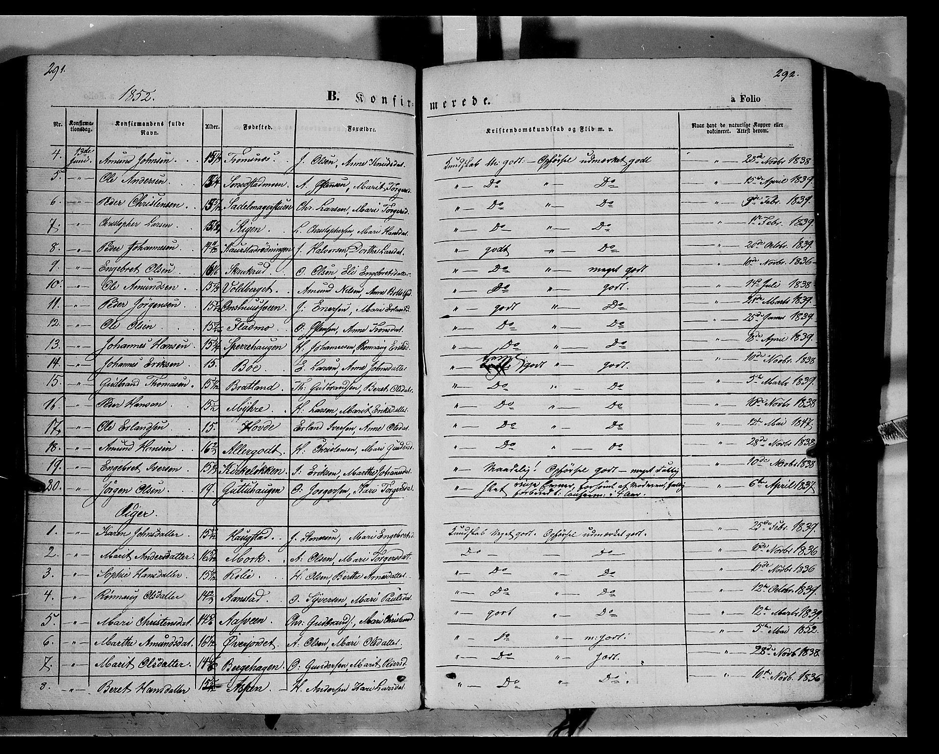 Ringebu prestekontor, SAH/PREST-082/H/Ha/Haa/L0006: Parish register (official) no. 6, 1848-1859, p. 291-292