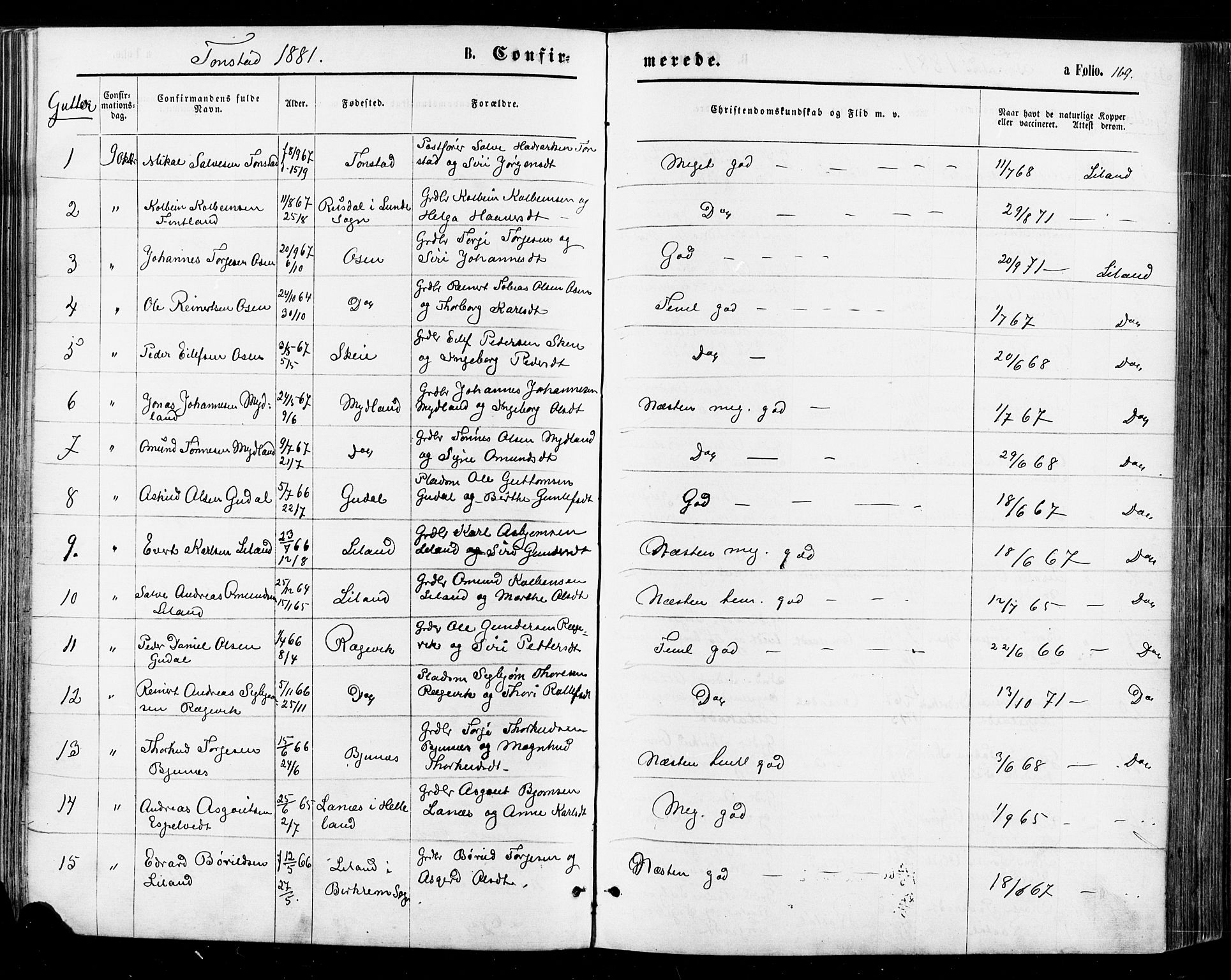 Sirdal sokneprestkontor, SAK/1111-0036/F/Fa/Fab/L0003: Parish register (official) no. A 3, 1874-1886, p. 169