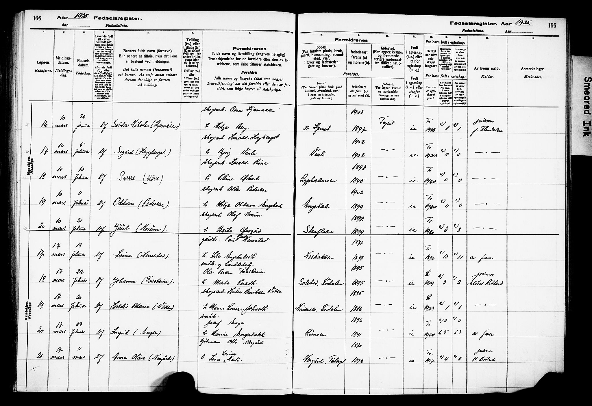 Trysil prestekontor, AV/SAH-PREST-046/I/Id/Ida/L0001: Birth register no. I 1, 1916-1927, p. 166