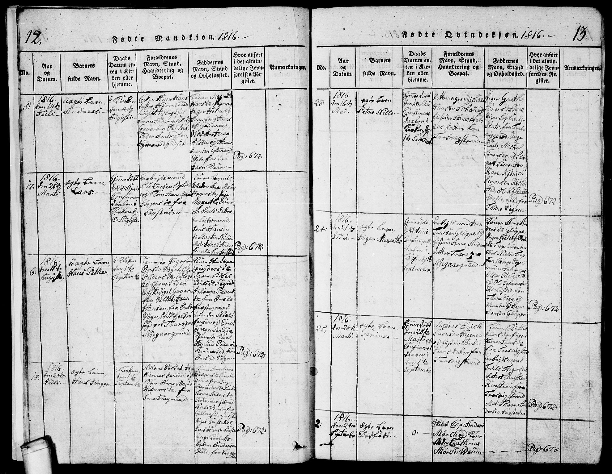 Glemmen prestekontor Kirkebøker, AV/SAO-A-10908/G/Ga/L0001: Parish register (copy) no. 1, 1816-1838, p. 12-13