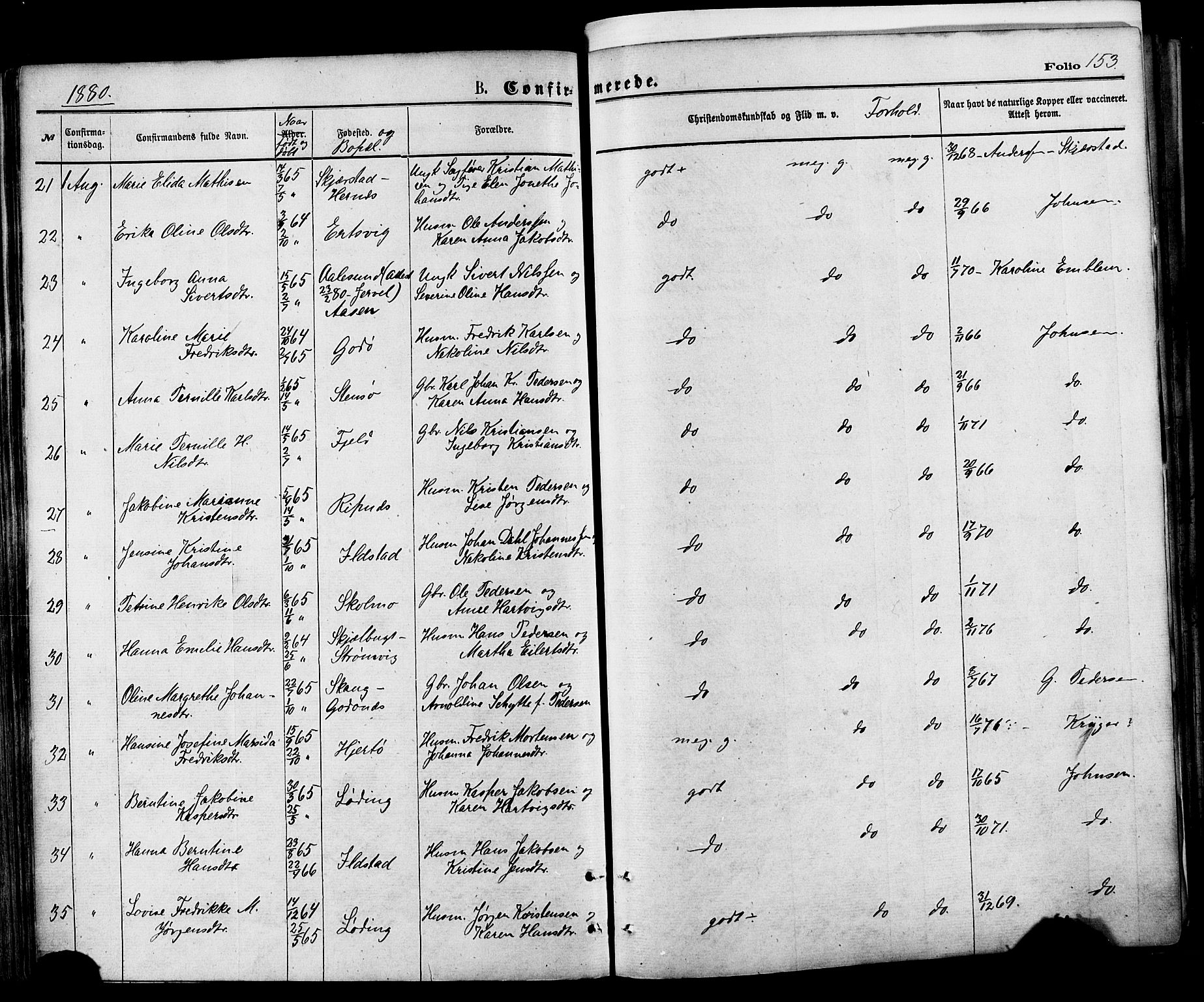 Ministerialprotokoller, klokkerbøker og fødselsregistre - Nordland, SAT/A-1459/801/L0009: Parish register (official) no. 801A09, 1876-1883, p. 153
