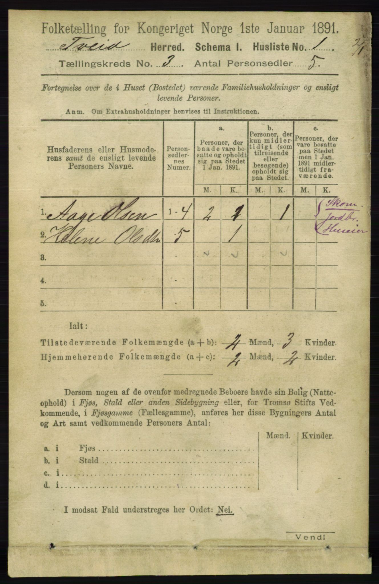 RA, 1891 census for 1013 Tveit, 1891, p. 1088