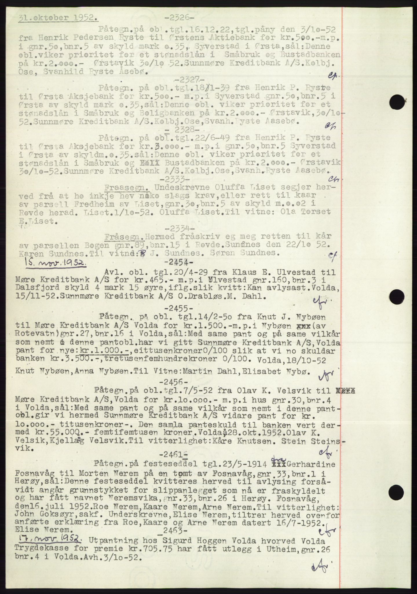 Søre Sunnmøre sorenskriveri, AV/SAT-A-4122/1/2/2C/L0072: Mortgage book no. 66, 1941-1955, Diary no: : 2326/1952