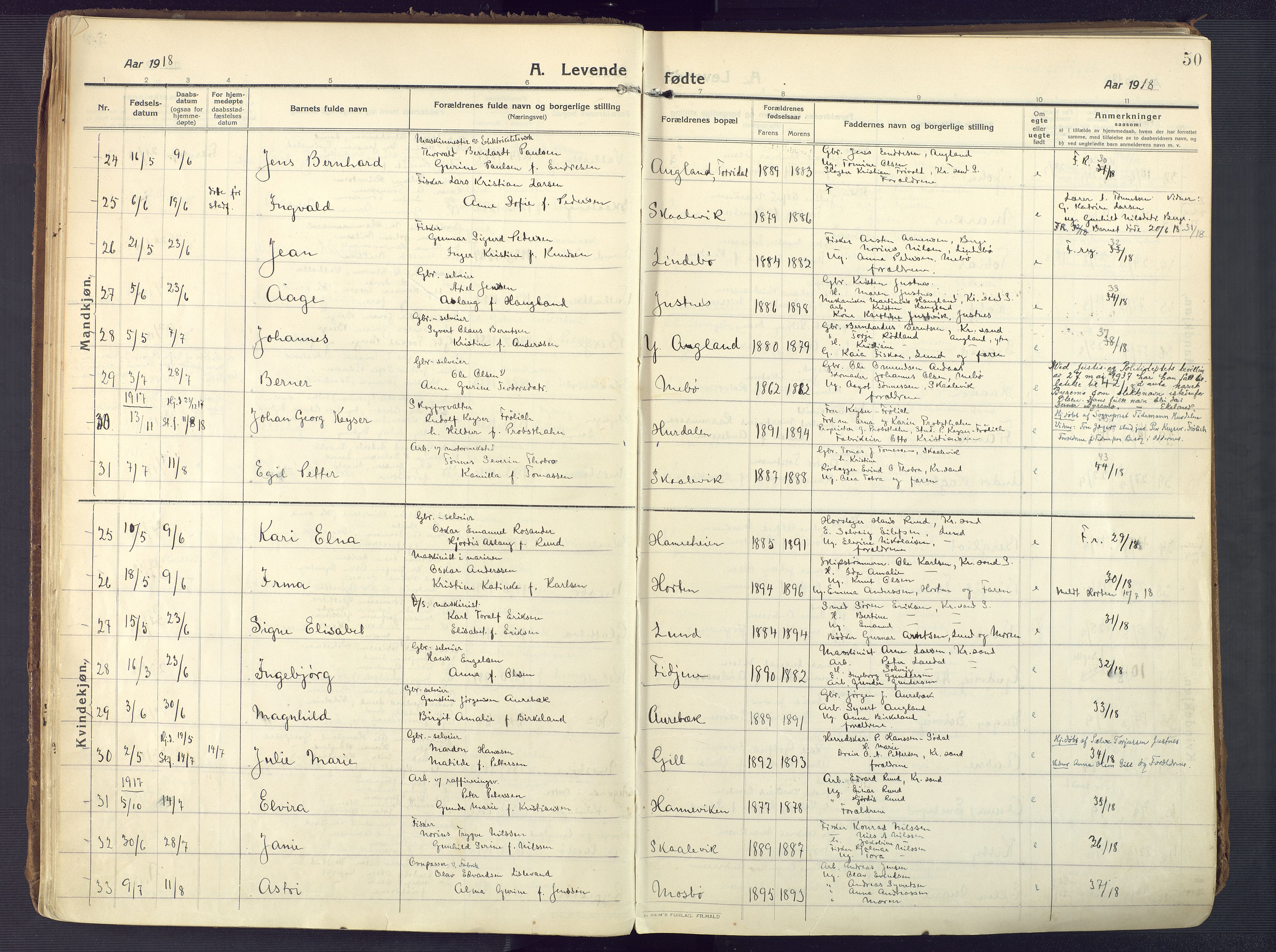 Oddernes sokneprestkontor, AV/SAK-1111-0033/F/Fa/Faa/L0012: Parish register (official) no. A 12, 1912-1925, p. 50