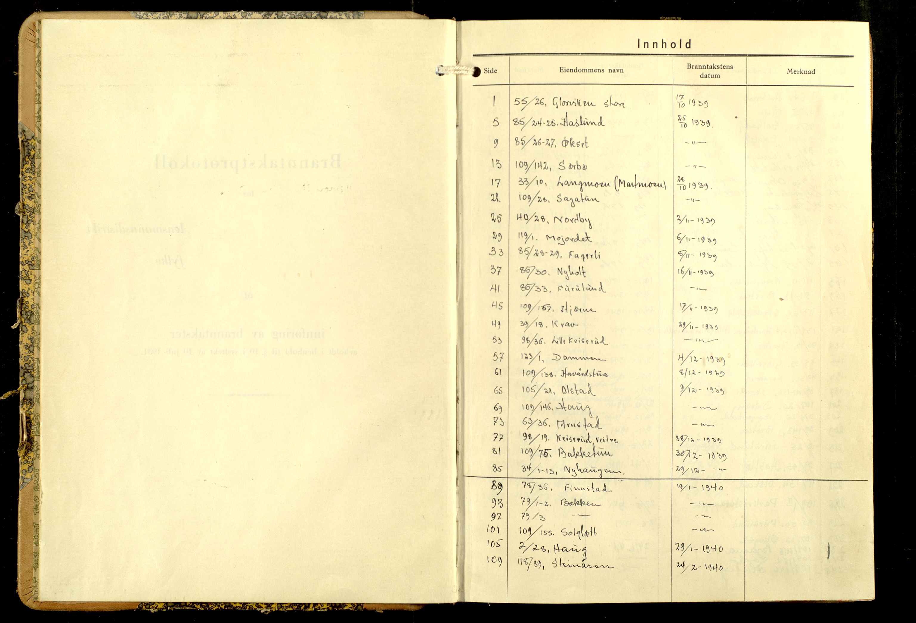 Norges Brannkasse, Åsnes, AV/SAH-NBRANÅ-018/F/L0024: Branntakstprotokoll, 1939-1946