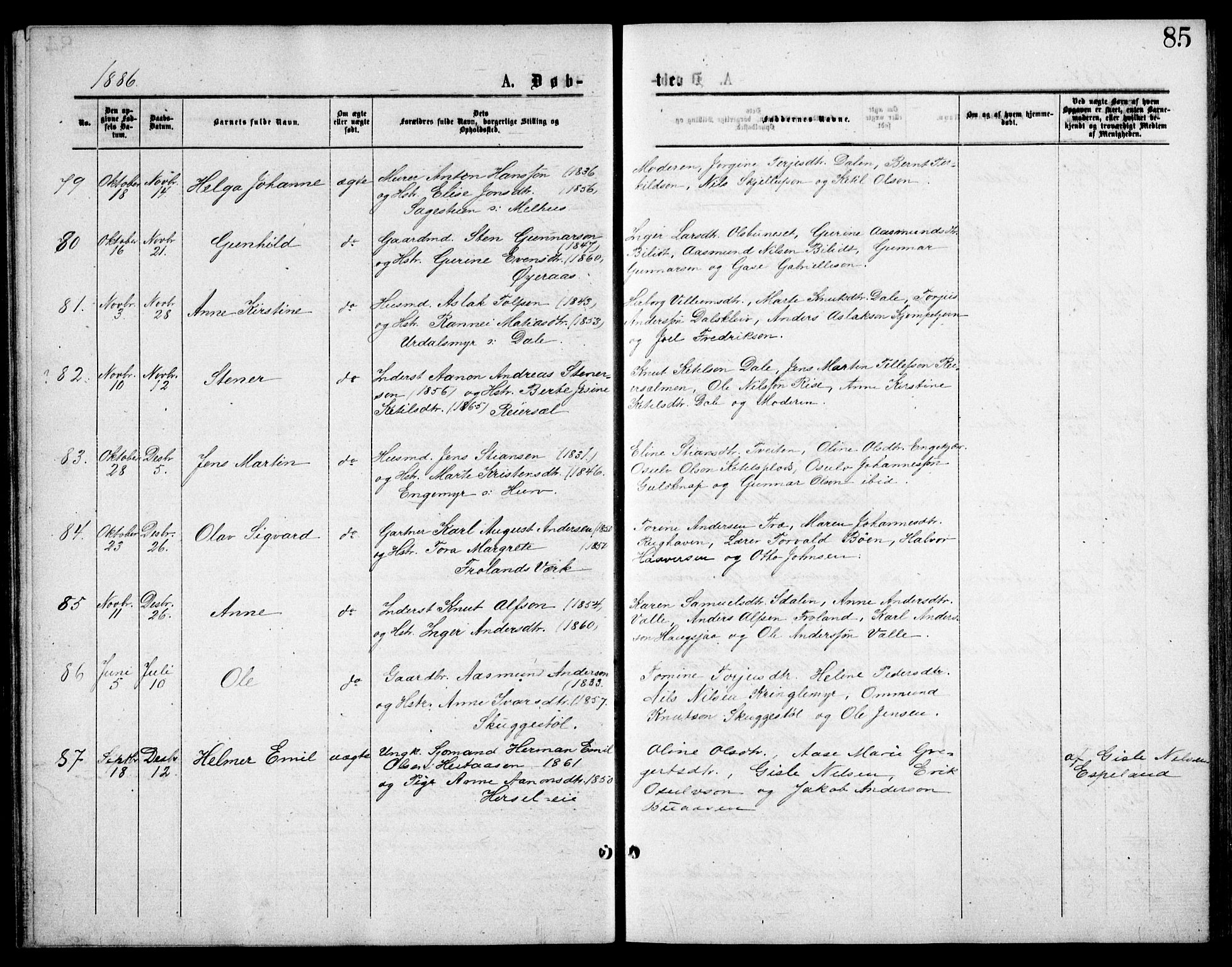 Froland sokneprestkontor, SAK/1111-0013/F/Fb/L0009: Parish register (copy) no. B 9, 1875-1893, p. 85