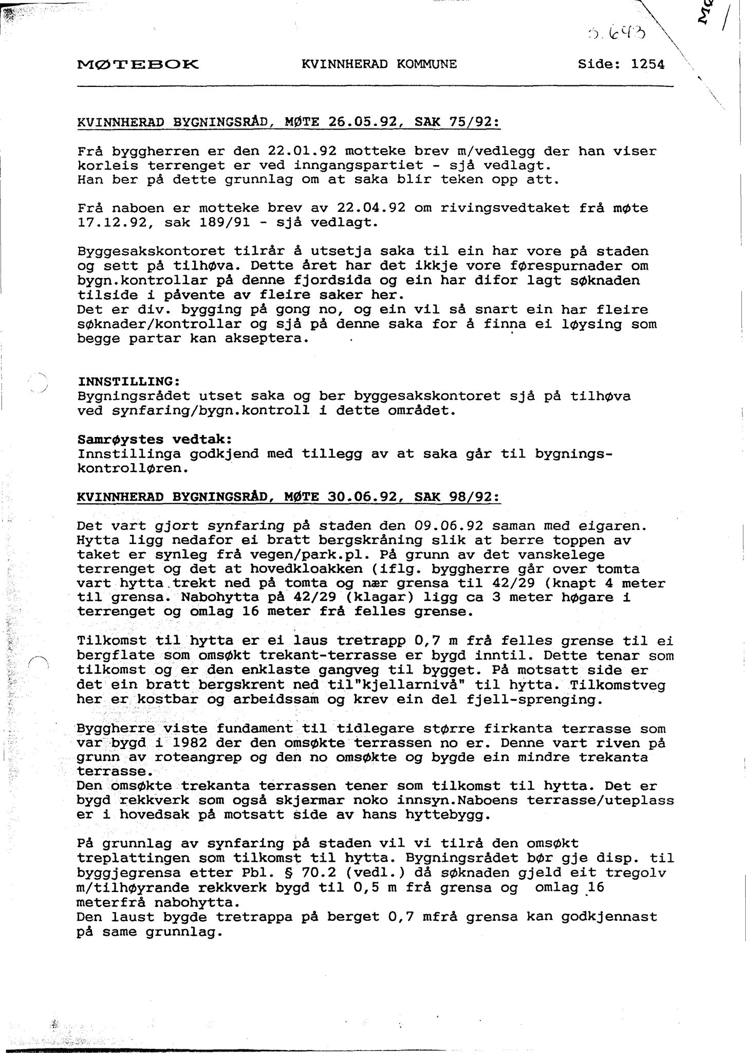 Kvinnherad kommune. Bygningsrådet , IKAH/1224-511/A/Aa/L0085: Møtebok for Kvinnherad bygningsråd, 1993