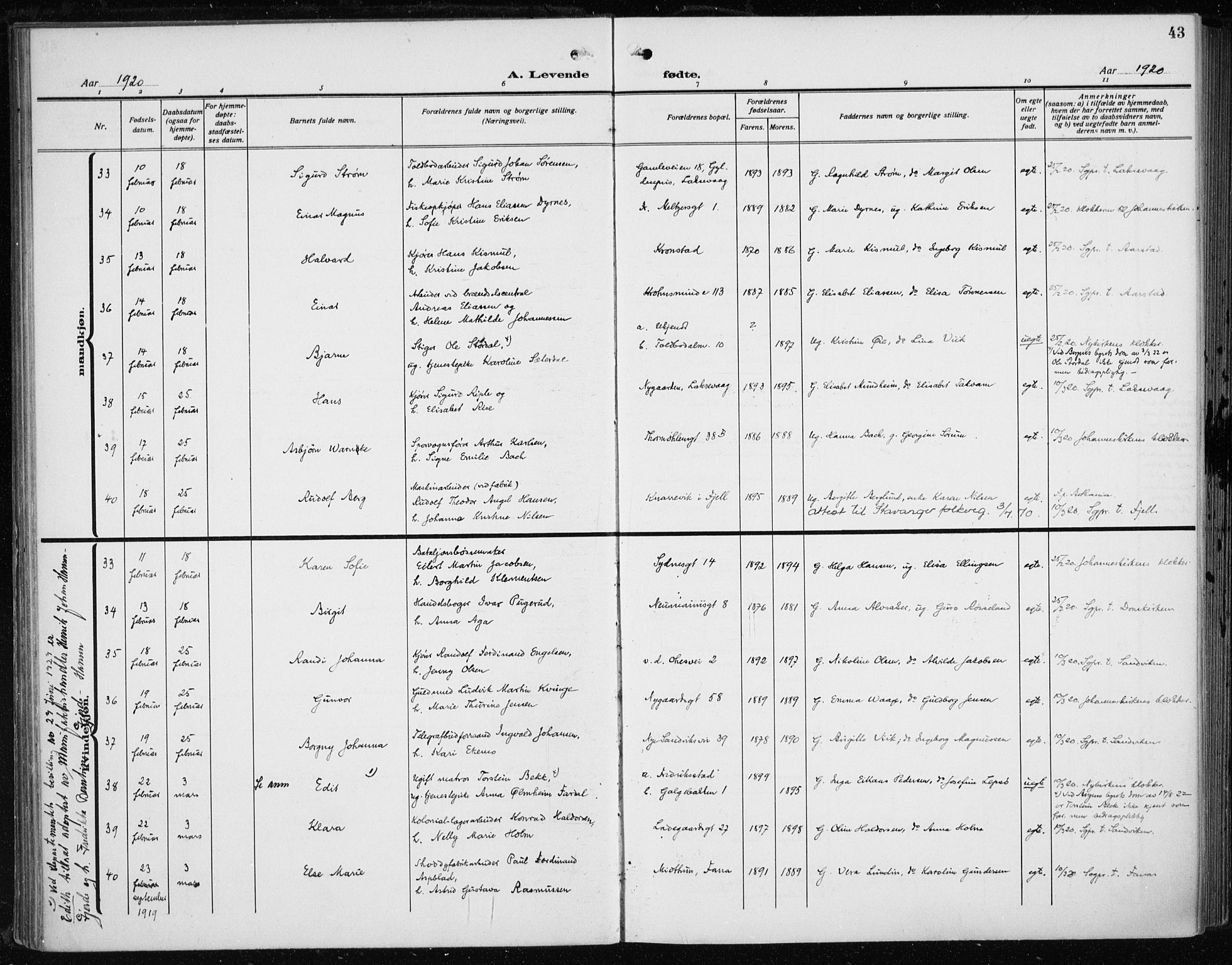 Fødselsstiftelsens sokneprestembete*, SAB/-: Parish register (official) no. A 5, 1918-1926, p. 43