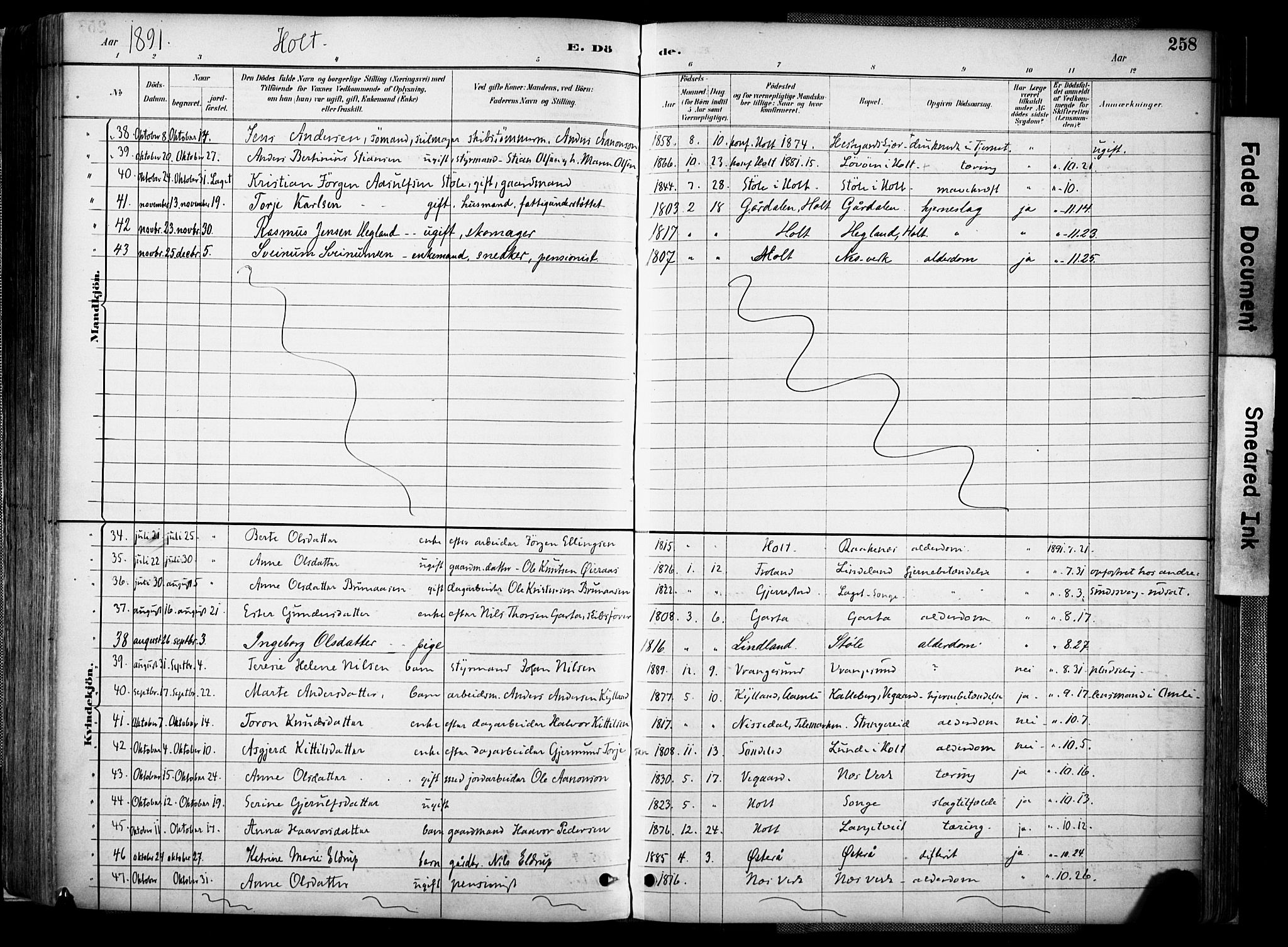 Holt sokneprestkontor, AV/SAK-1111-0021/F/Fa/L0012: Parish register (official) no. A 12, 1885-1907, p. 258