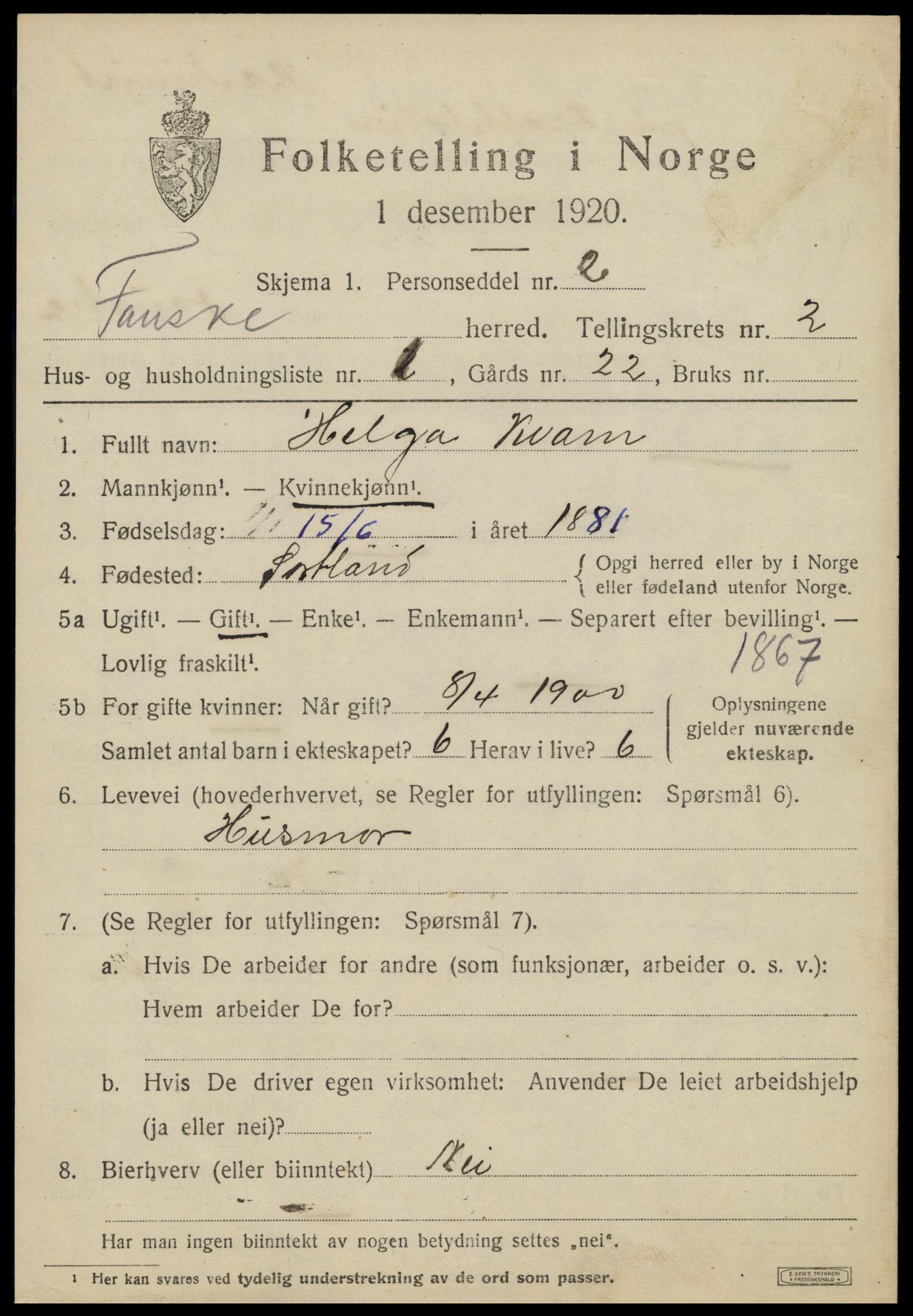 SAT, 1920 census for Fauske, 1920, p. 2902