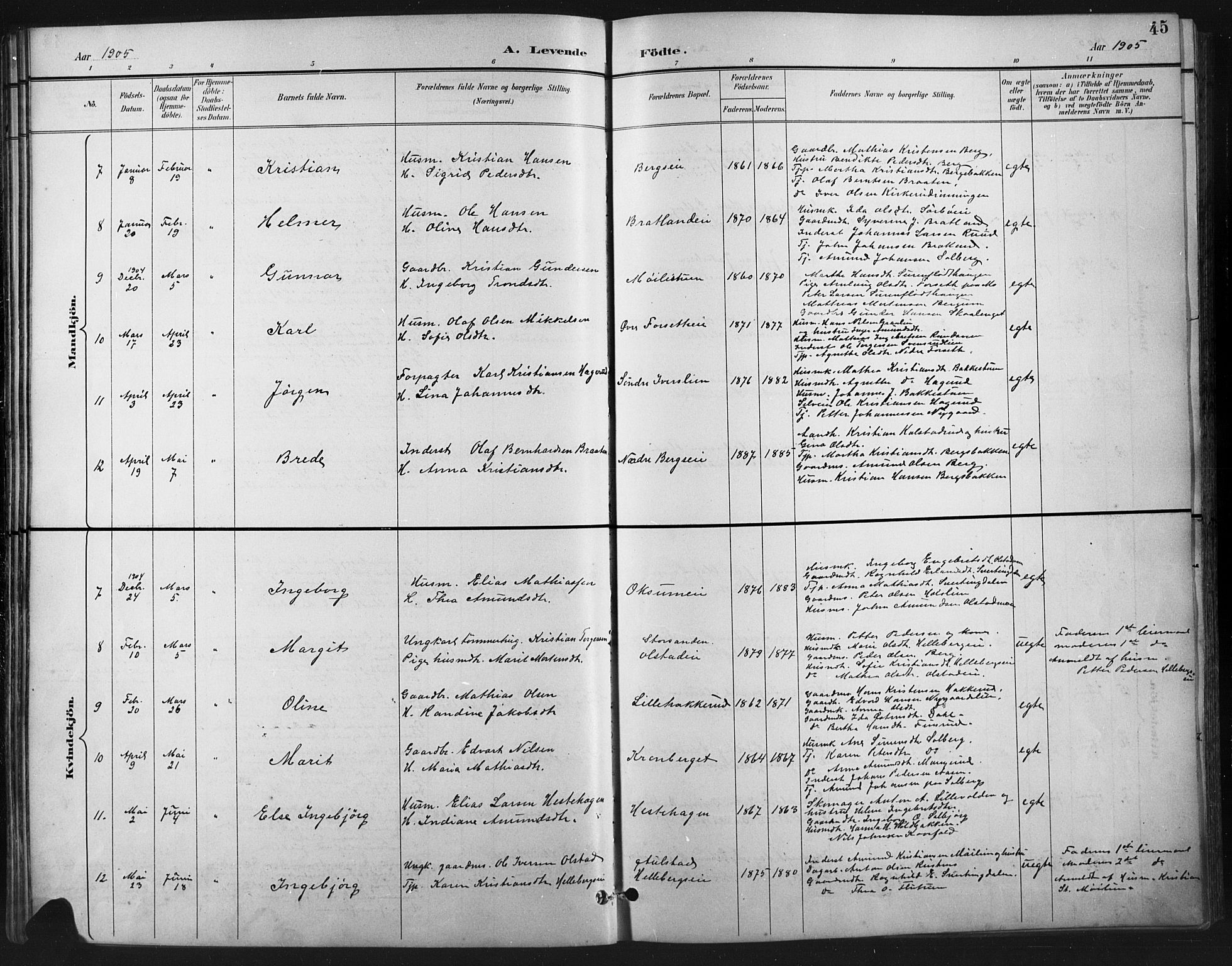 Vestre Gausdal prestekontor, SAH/PREST-094/H/Ha/Hab/L0003: Parish register (copy) no. 3, 1896-1925, p. 45