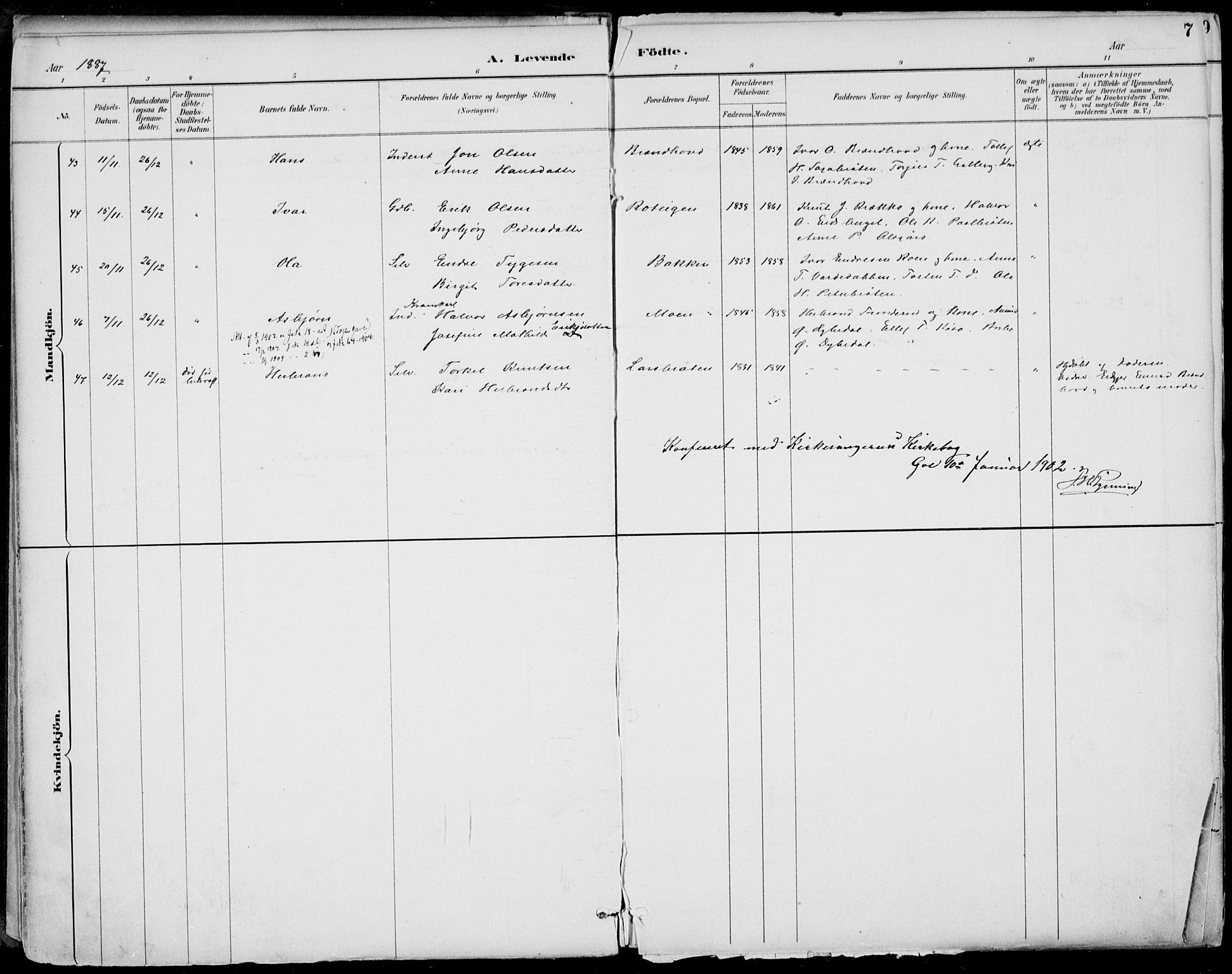 Gol kirkebøker, AV/SAKO-A-226/F/Fa/L0005: Parish register (official) no. I 5, 1887-1900, p. 7