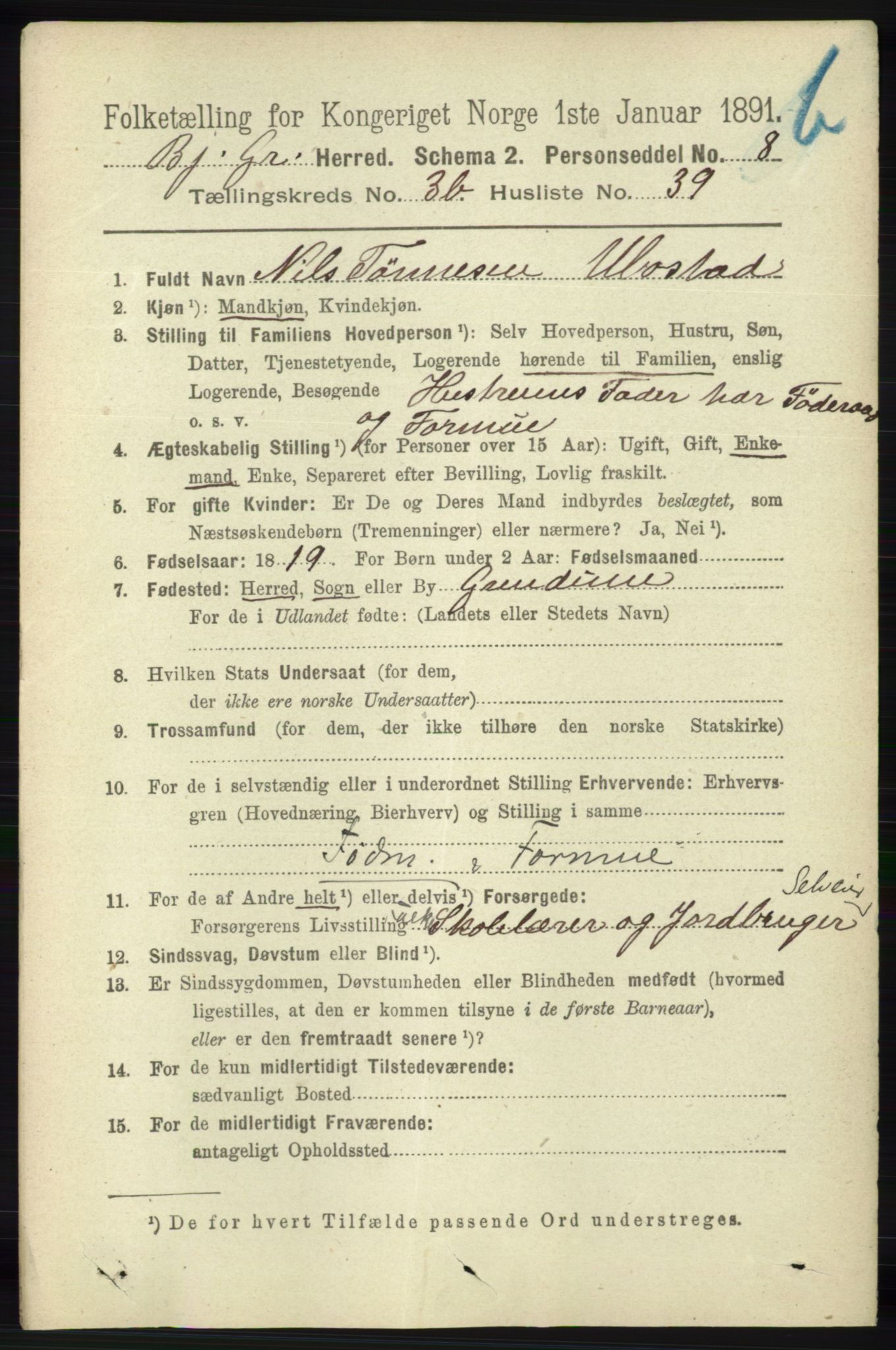 RA, 1891 census for 1024 Bjelland og Grindheim, 1891, p. 2023